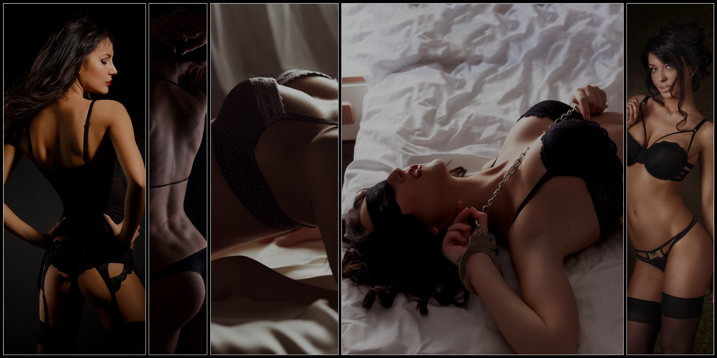 Five women in black lace lingerie, styled in garters, sheer bodysuits, bras, and bondage accessories—posing in seductive, dim-lit scenes.