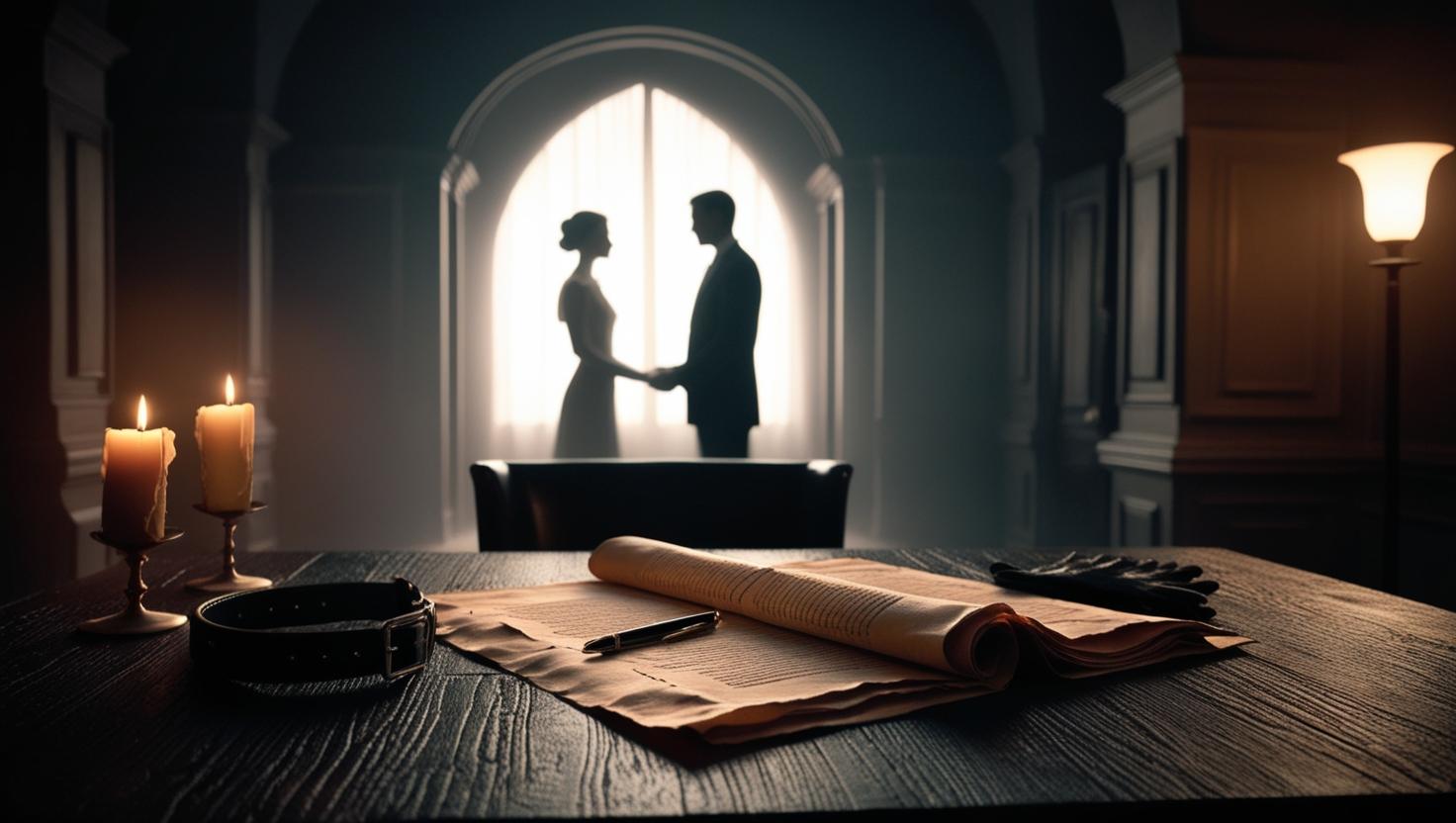 A man and woman holding hands in a softly lit room, with a leather collar, a rolled agreement, and candles on a wooden table in the foreground—symbolizing ritual, trust, and a BDSM power dynamic.