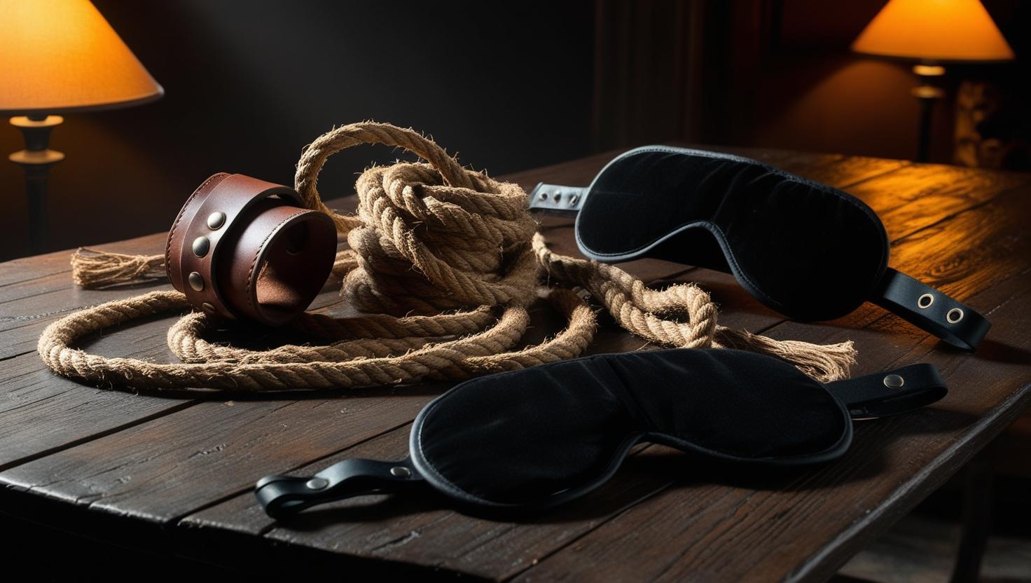 Leather blindfolds, cuffs, and rope arranged on a wooden table under warm ambient lighting—suggesting a soft and intimate approach to light bondage.
