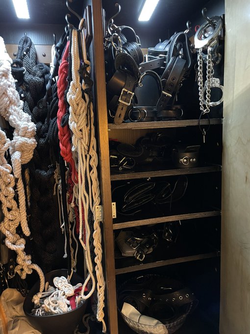 A collection of BDSM bondage gear, including ropes, leather cuffs, collars, and chains, neatly organized in a dark wooden cabinet.