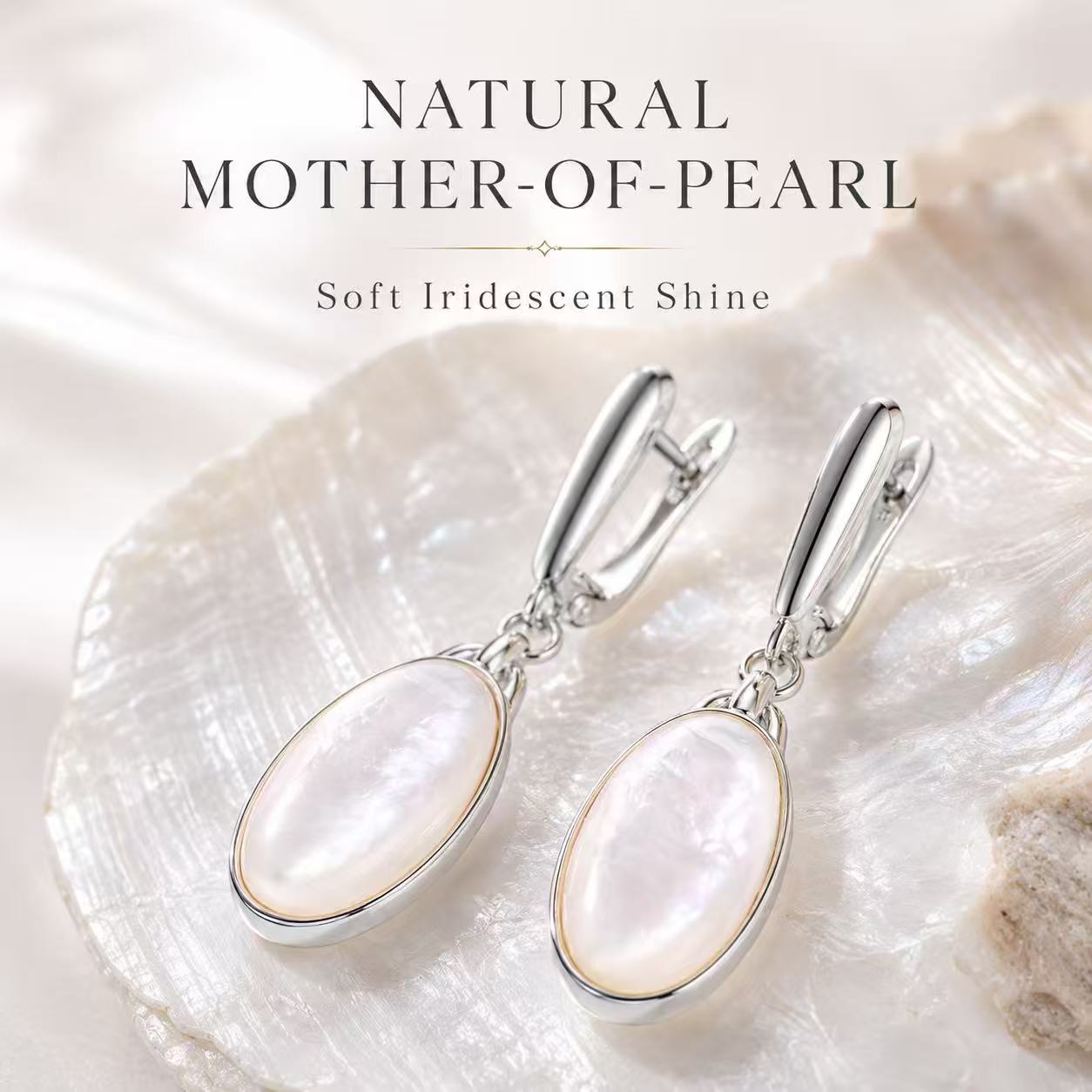 Beggeta Mother of Pearl Jewelry Set for Women, Oval Mother of Pearl Dangle Earrings and Adjustable Ring, Elegant Silver Jewelry Gift Set with Gift Box for Wedding, Anniversary, Birthday, Mother's Day