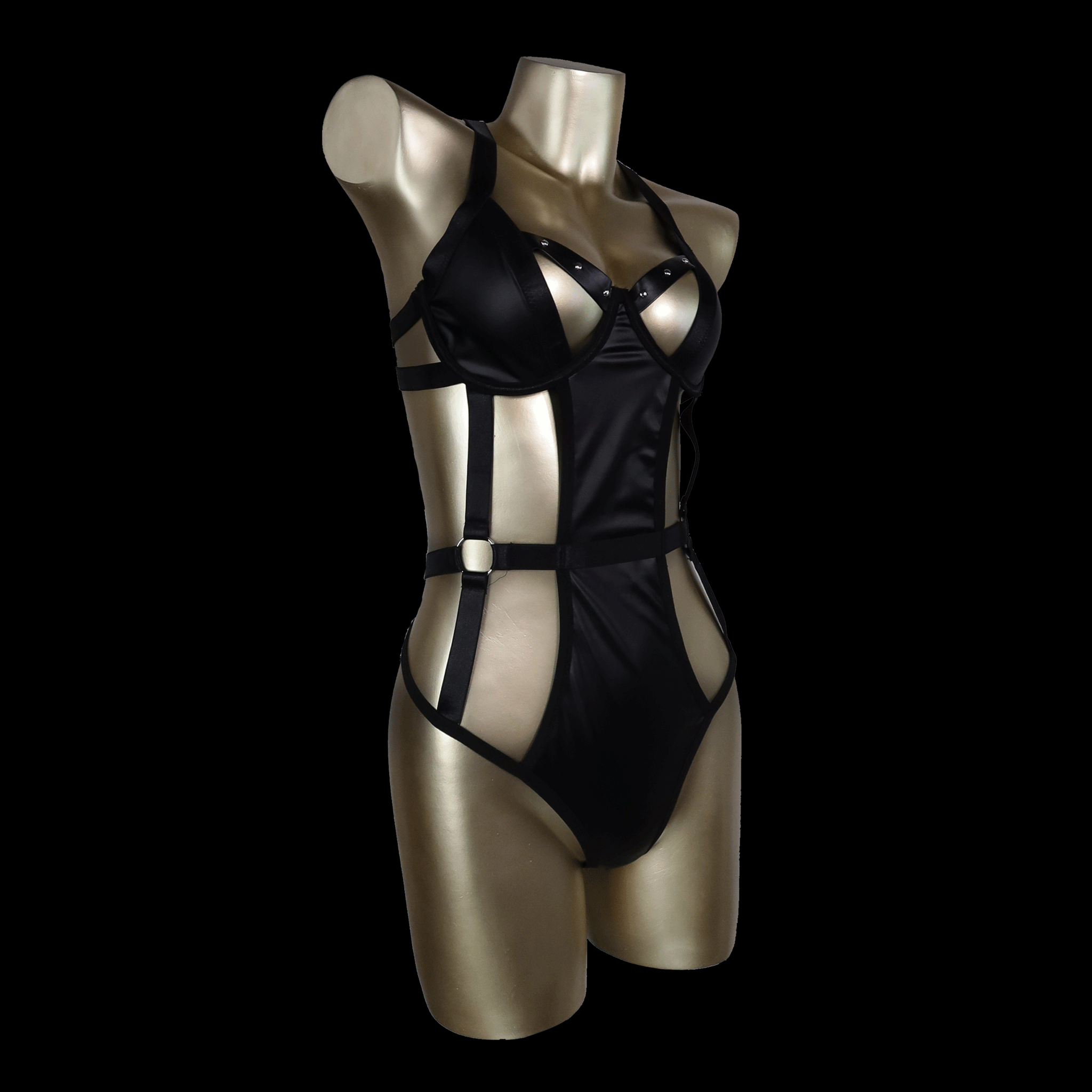 Sexy Black Strappy Bodysuit with Corset-Inspired Design
