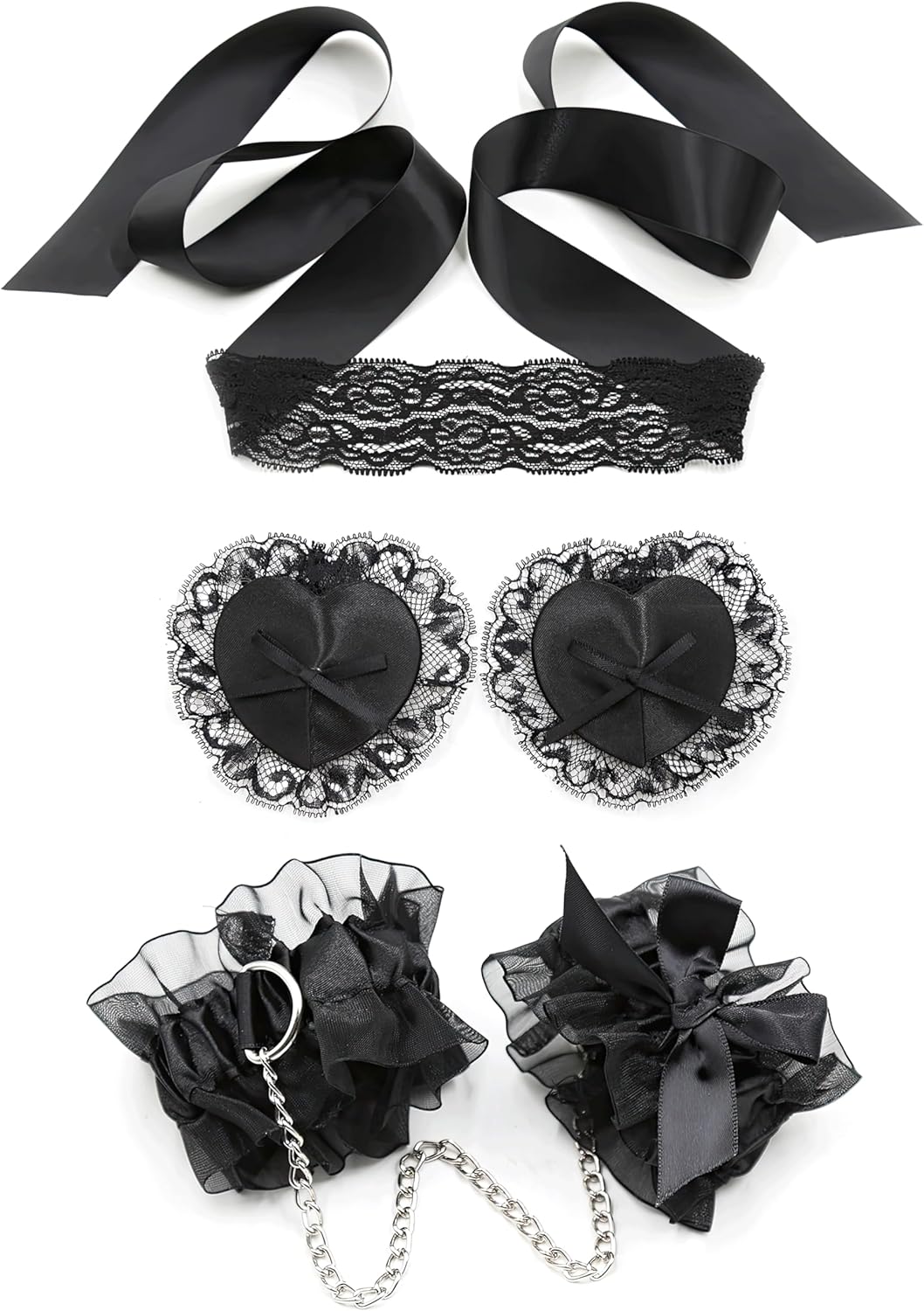 BDSM Toys Set with Blindfold, Bondage Wrist Restraints, and Lace Nipple Covers