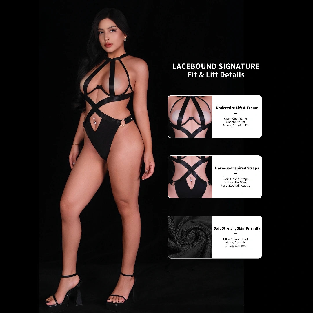 Sexy Black Strappy Lingerie with Open Chest and Geometric Strap Design