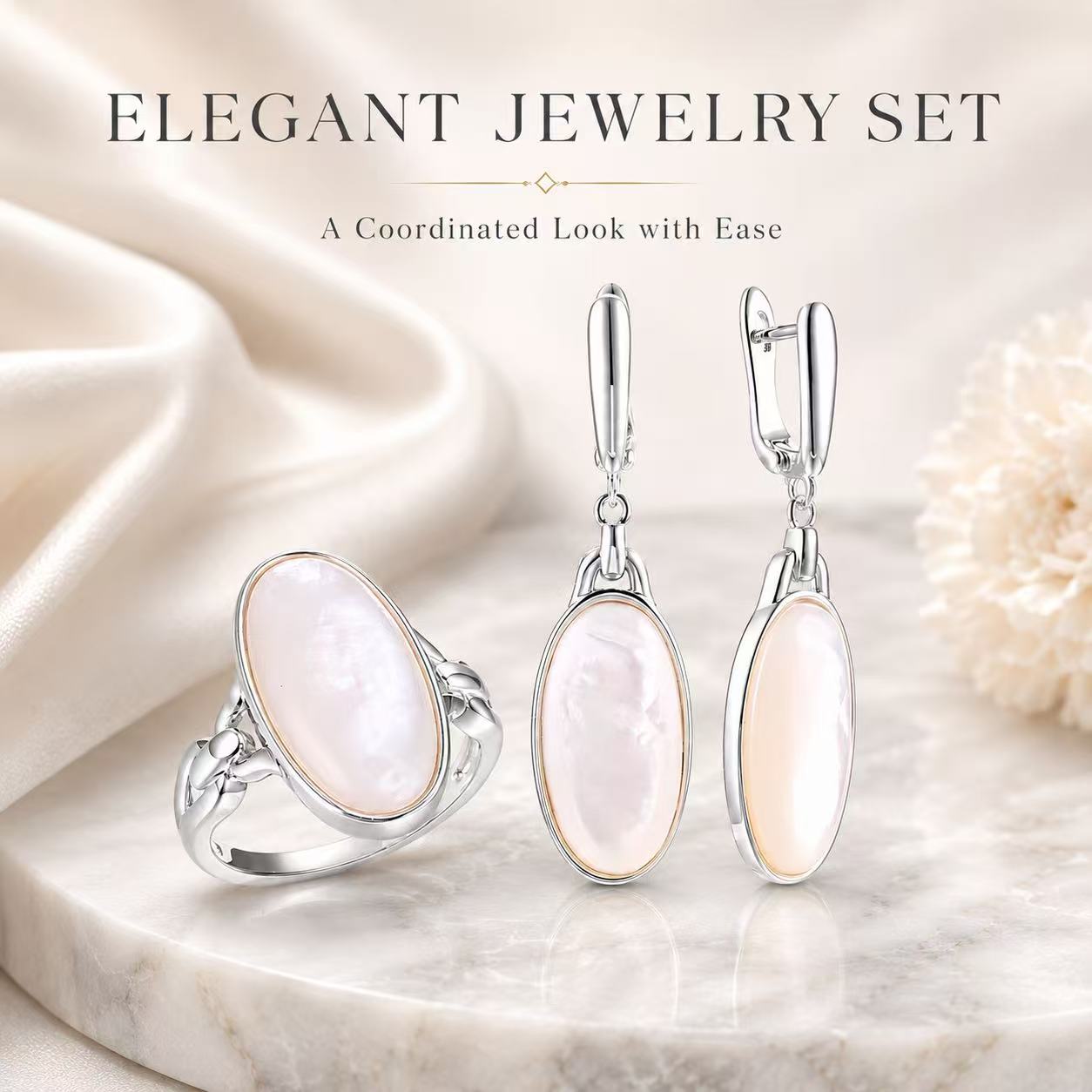 Beggeta Mother of Pearl Jewelry Set for Women, Oval Mother of Pearl Dangle Earrings and Adjustable Ring, Elegant Silver Jewelry Gift Set with Gift Box for Wedding, Anniversary, Birthday, Mother's Day