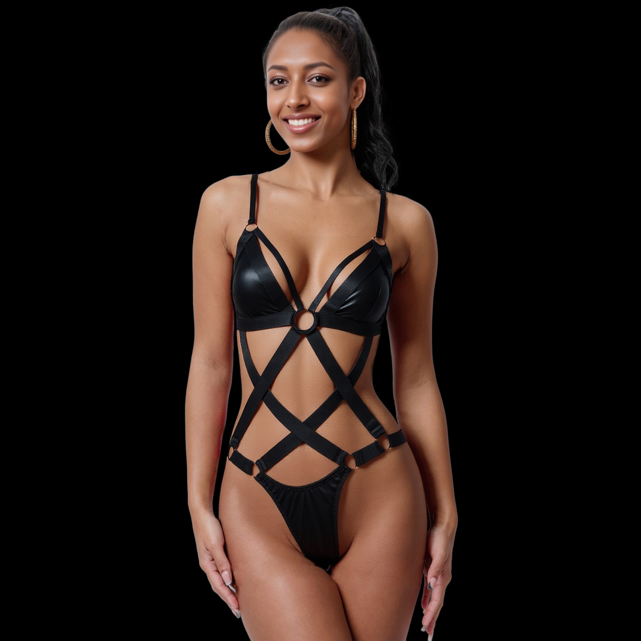 Black Leather Bodysuit Strappy Lingerie with Seductive Cutouts