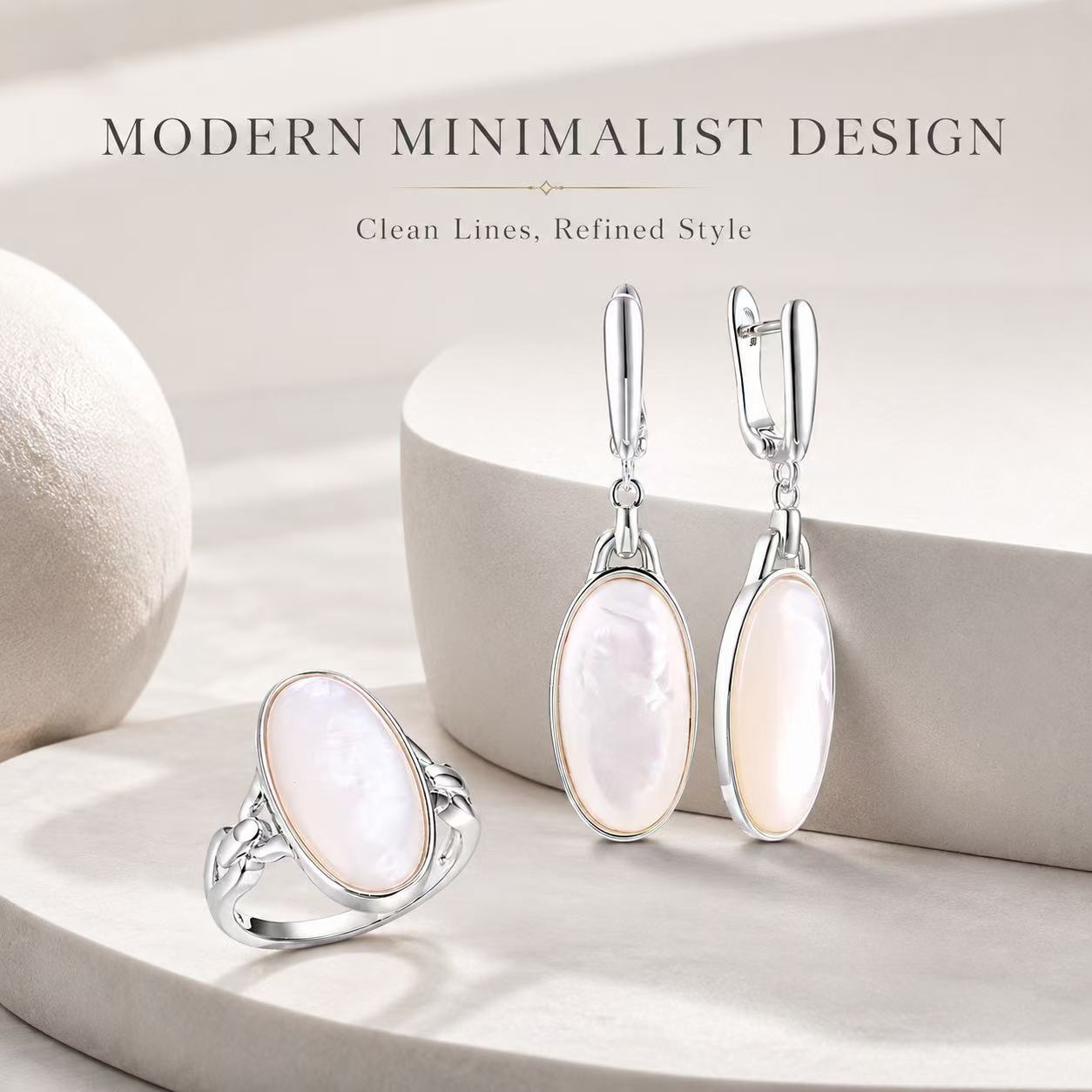 Beggeta Mother of Pearl Jewelry Set for Women, Oval Mother of Pearl Dangle Earrings and Adjustable Ring, Elegant Silver Jewelry Gift Set with Gift Box for Wedding, Anniversary, Birthday, Mother's Day