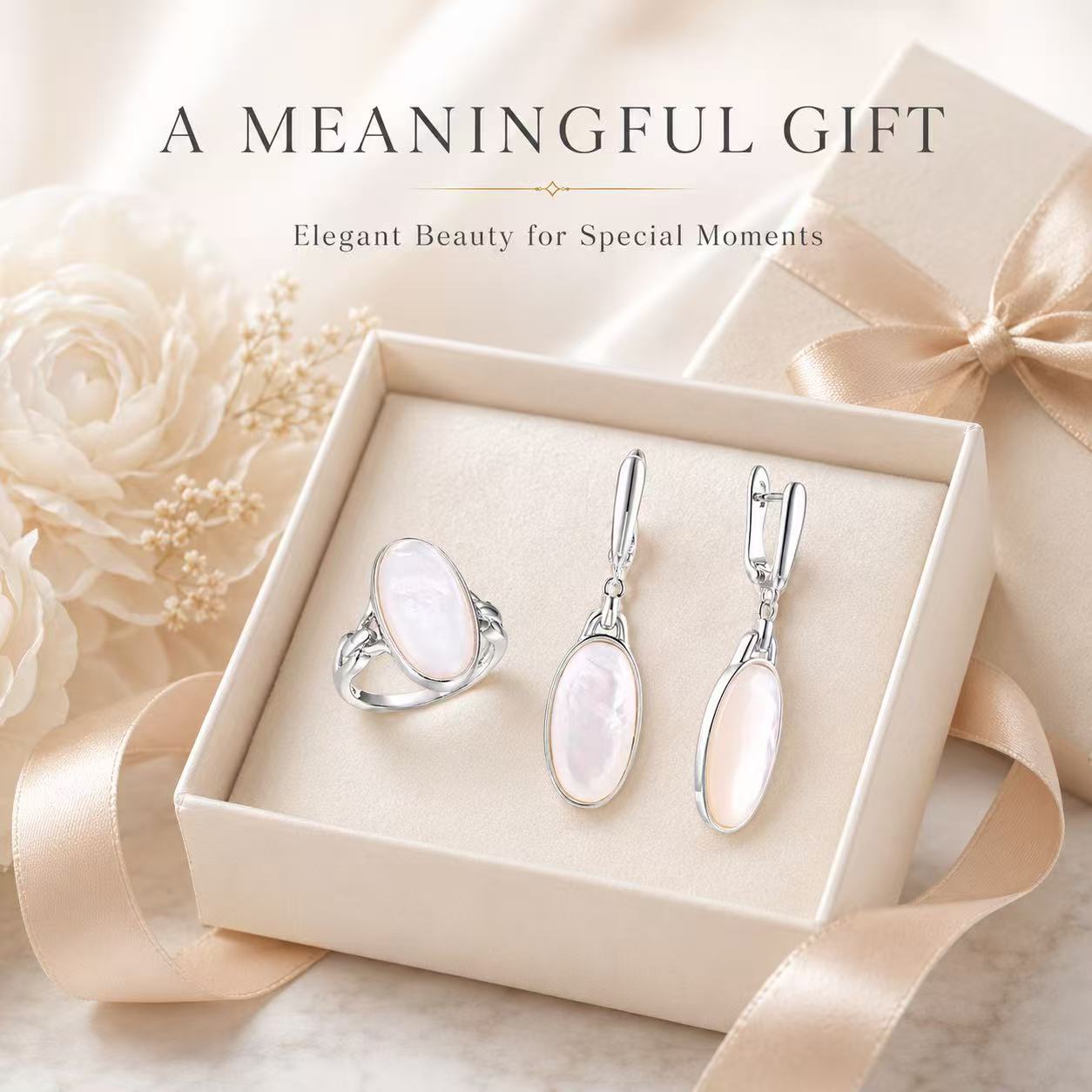 Beggeta Mother of Pearl Jewelry Set for Women, Oval Mother of Pearl Dangle Earrings and Adjustable Ring, Elegant Silver Jewelry Gift Set with Gift Box for Wedding, Anniversary, Birthday, Mother's Day