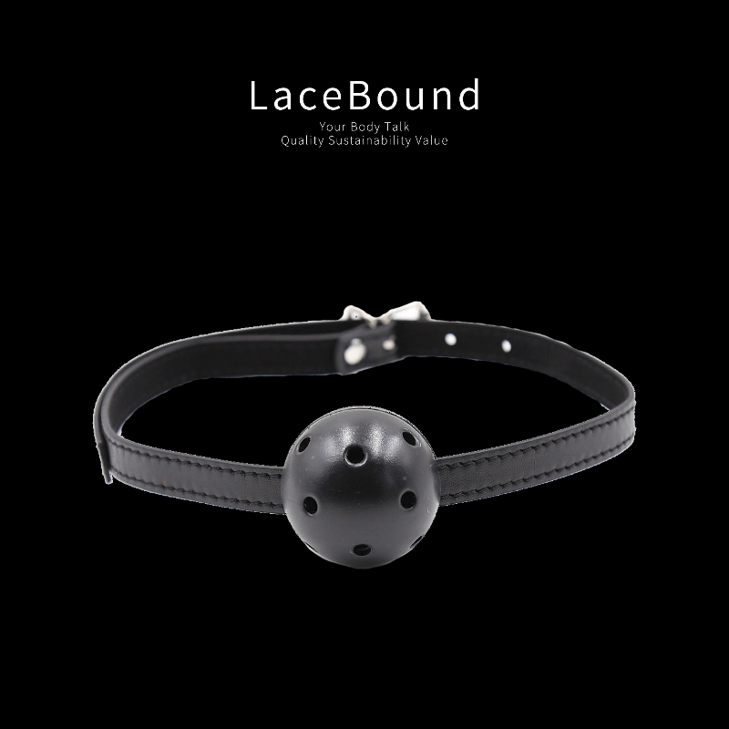 Black ball gag harness for BDSM with adjustable straps, featuring a smooth round black gag and buckle closure, designed for secure and comfortable bondage restraint.