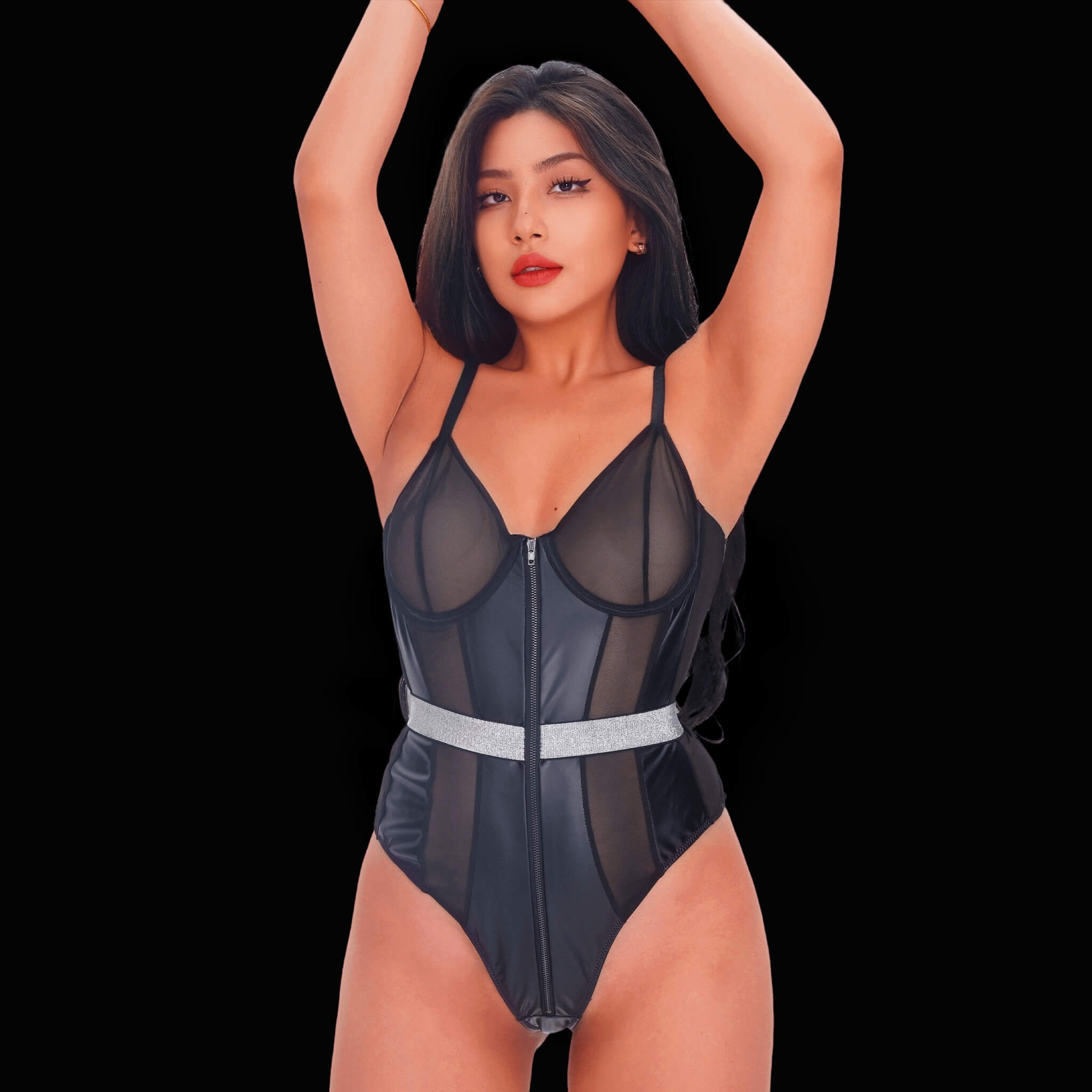 Black bodysuit with leather accents in an elegant style, crafted with stylish leather trimmings and a tailored fit for a graceful, contemporary, and alluring result.
