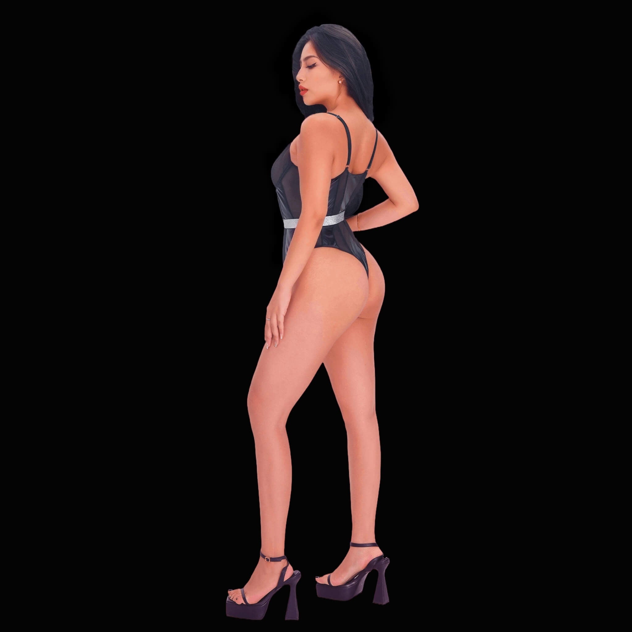 Black bodysuit with leather accents in an elegant style, featuring sleek leather paneling and a refined silhouette for a sophisticated, modern, and alluring look.