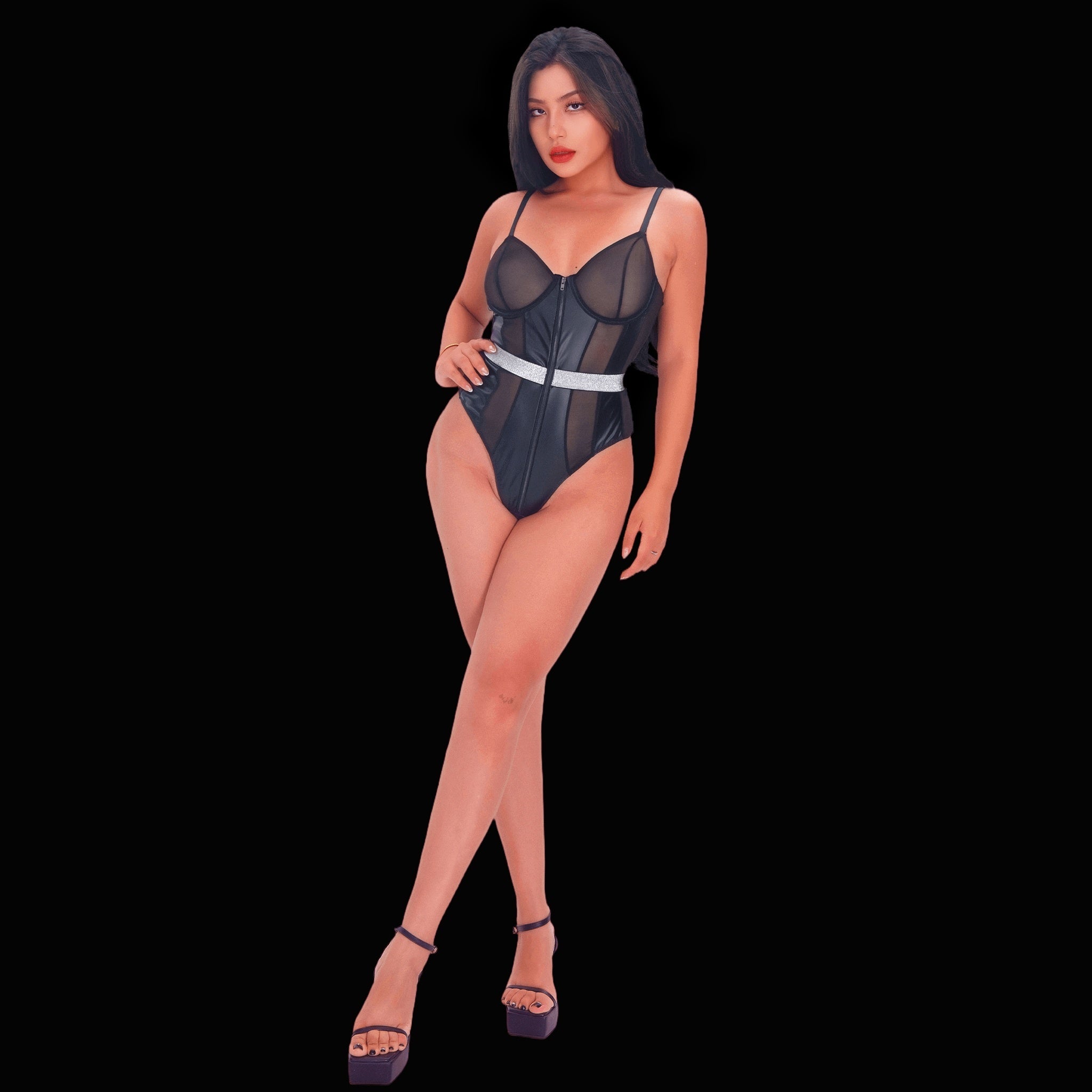 Black bodysuit with leather accents in an elegant style, styled with graceful leather embellishments and a modern, flattering silhouette for a posh and seductive appearance.