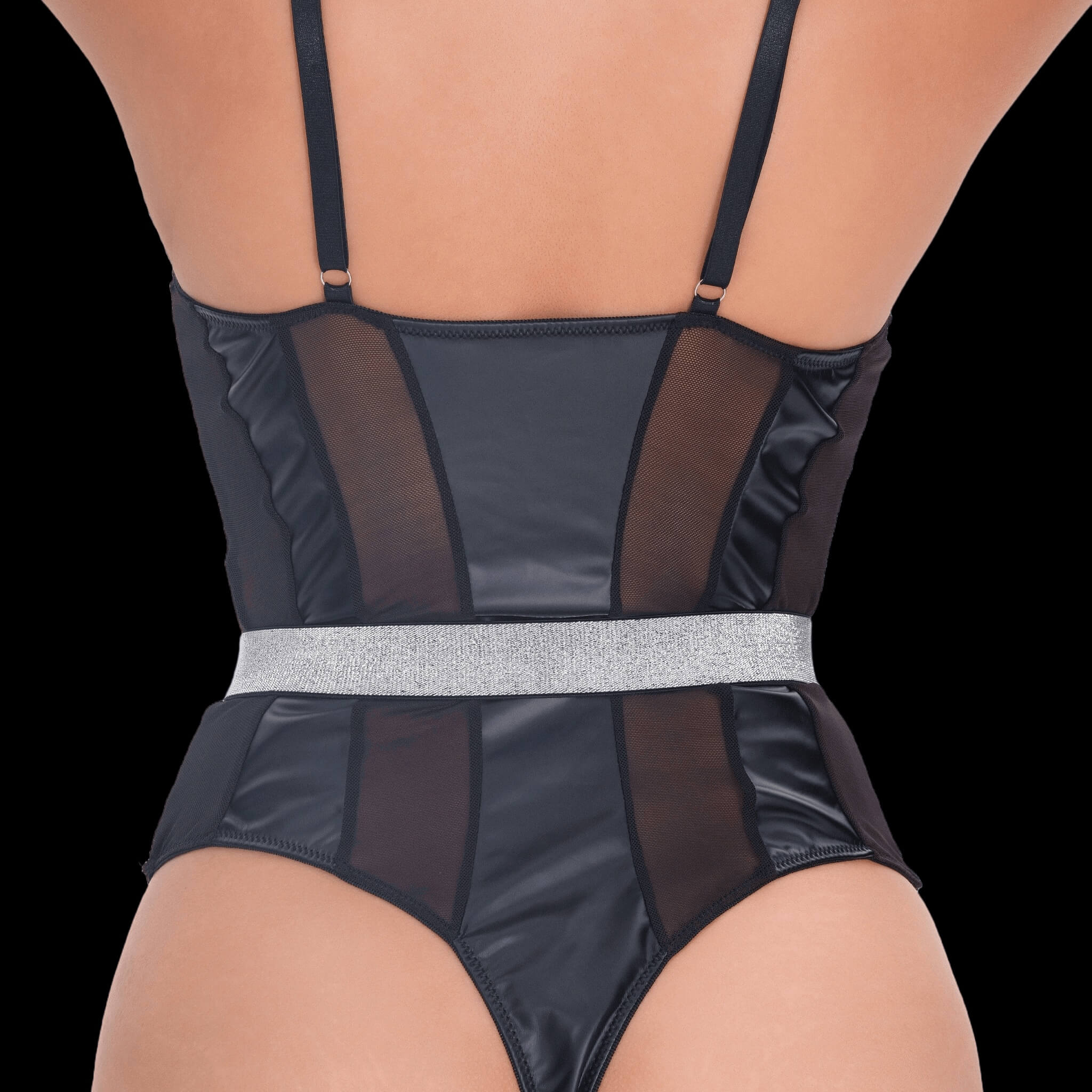 Black bodysuit with leather accents in an elegant style, styled with graceful leather features and a polished, fitted silhouette for a refined, sophisticated, and seductive effect.