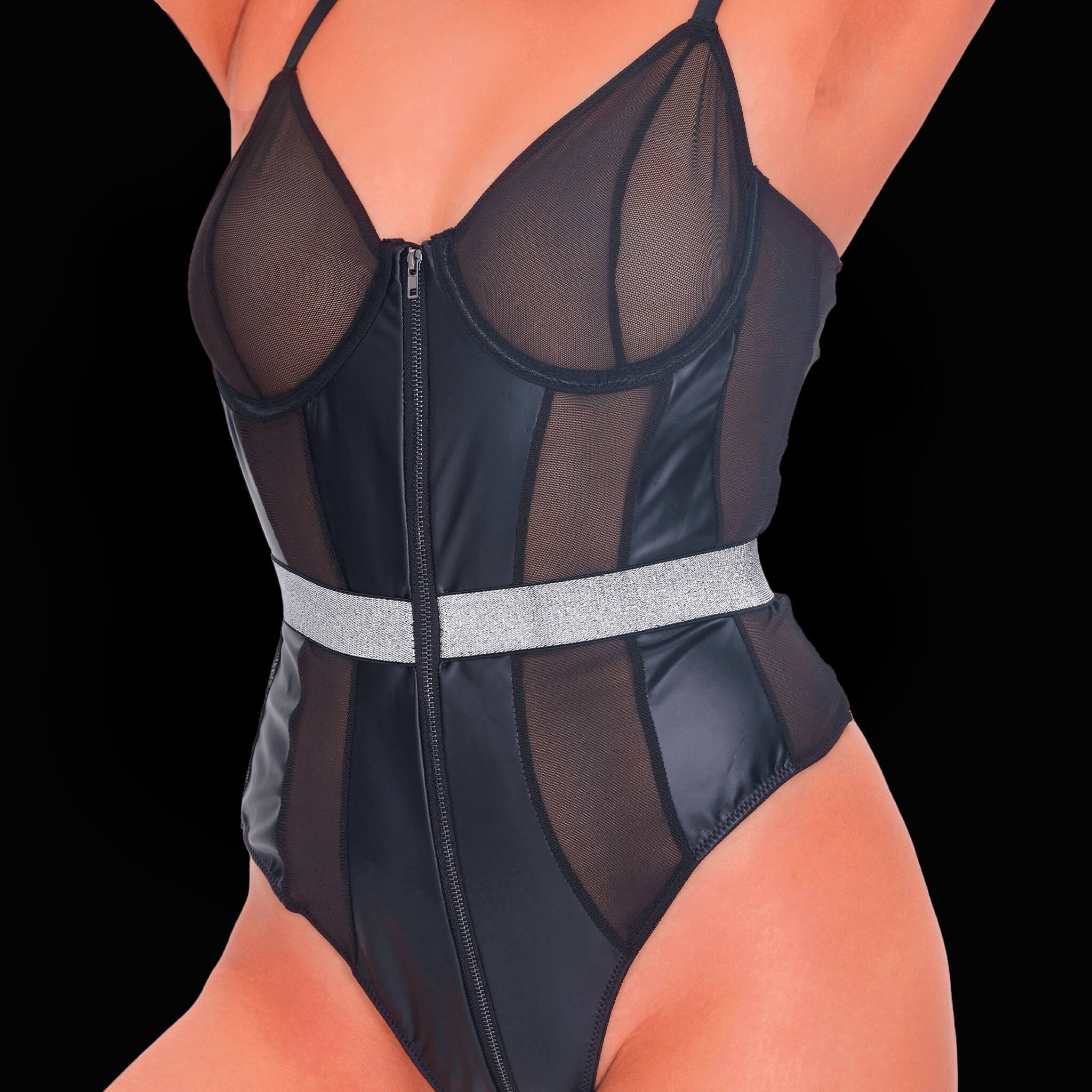 Black bodysuit with leather accents in an elegant style, designed with luxe leather detailing and a streamlined fit for a stylish, graceful, and eye-catching lingerie option.