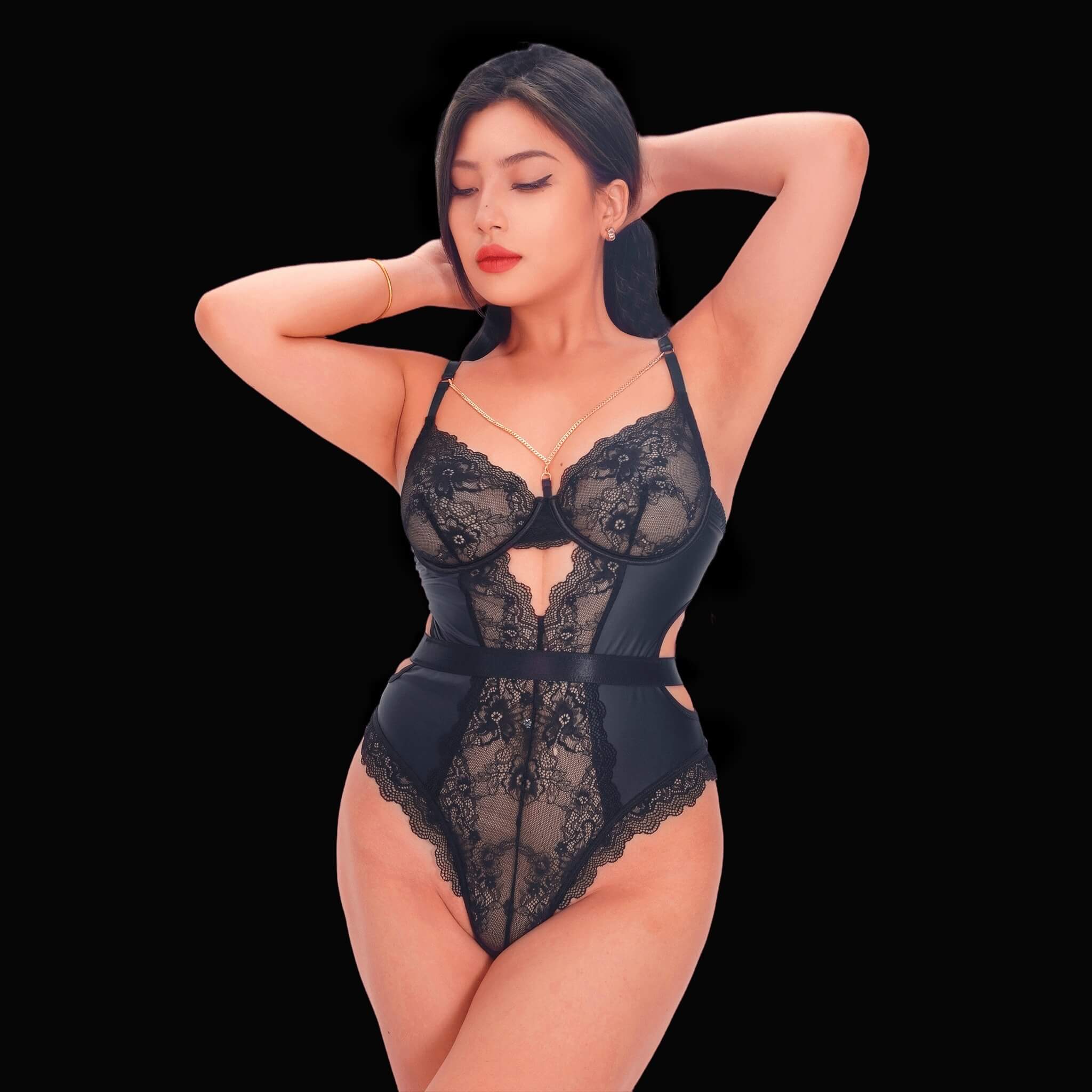 Black lace bodysuit with sexy floral details, combining delicate lace patterns and floral motifs for a luxurious, sensual, and romantic lingerie style.