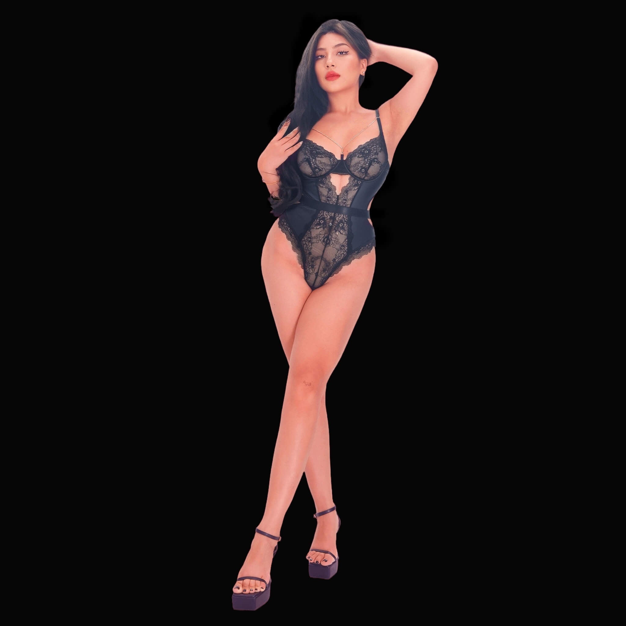 Black lace bodysuit with elegant floral details, featuring luxurious lace patterns and a sexy silhouette for a sophisticated, romantic, and alluring lingerie style.
