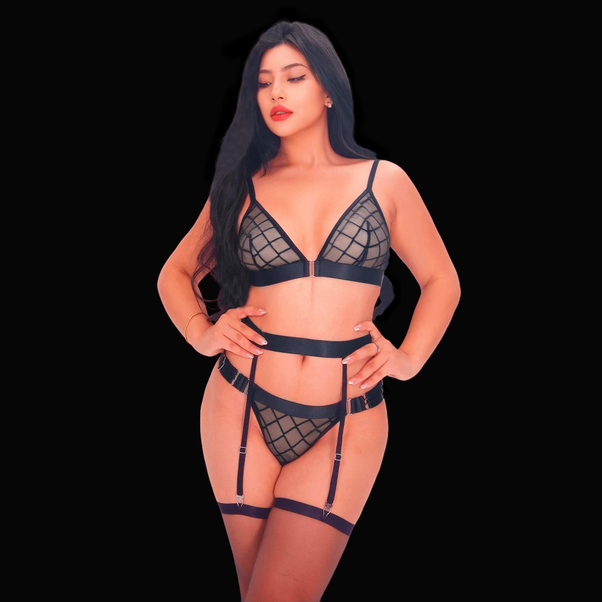 Black sexy lingerie set with sheer see-through mesh, elegant bra with adjustable straps, and matching panties, designed for a seductive, sleek, and alluring silhouette.