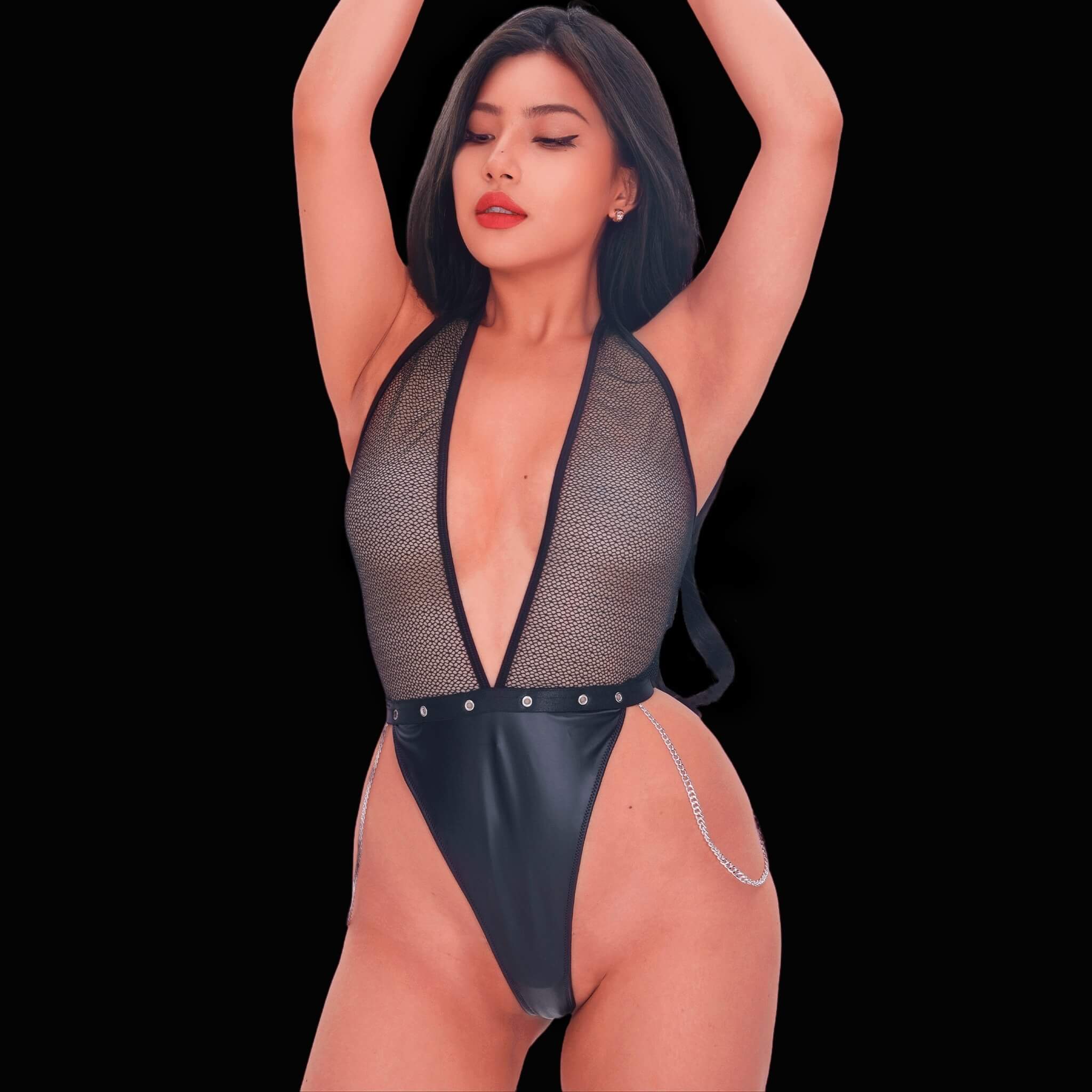 Bold, sexy black see-through bodysuit, designed with sheer mesh panels and an alluring cut for a provocative, confident, and eye-catching intimate look.