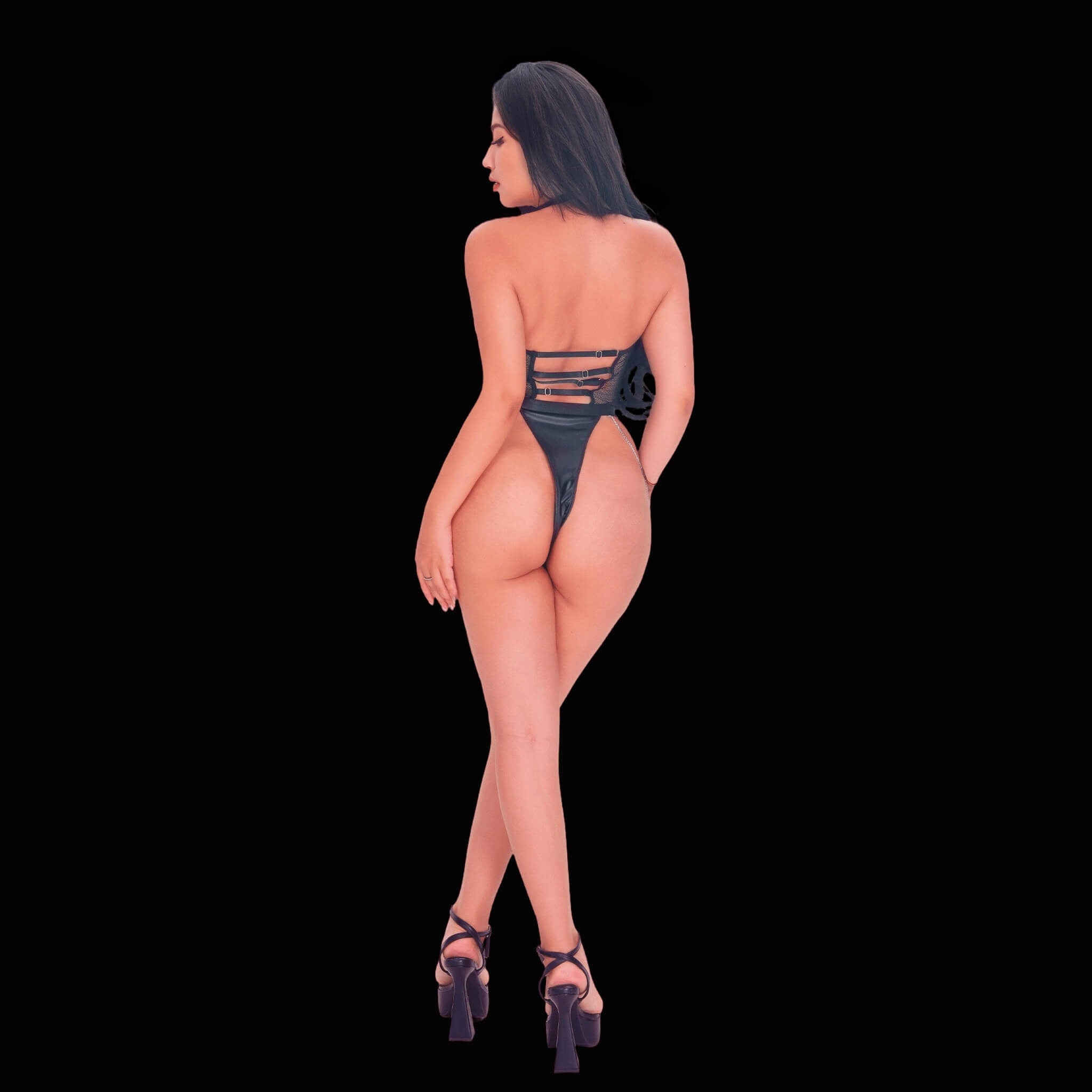 Bold, sexy black see-through bodysuit, styled with risqué mesh inserts and a striking, form-fitted outline for a seductive, attention-grabbing, and trendy intimate look.