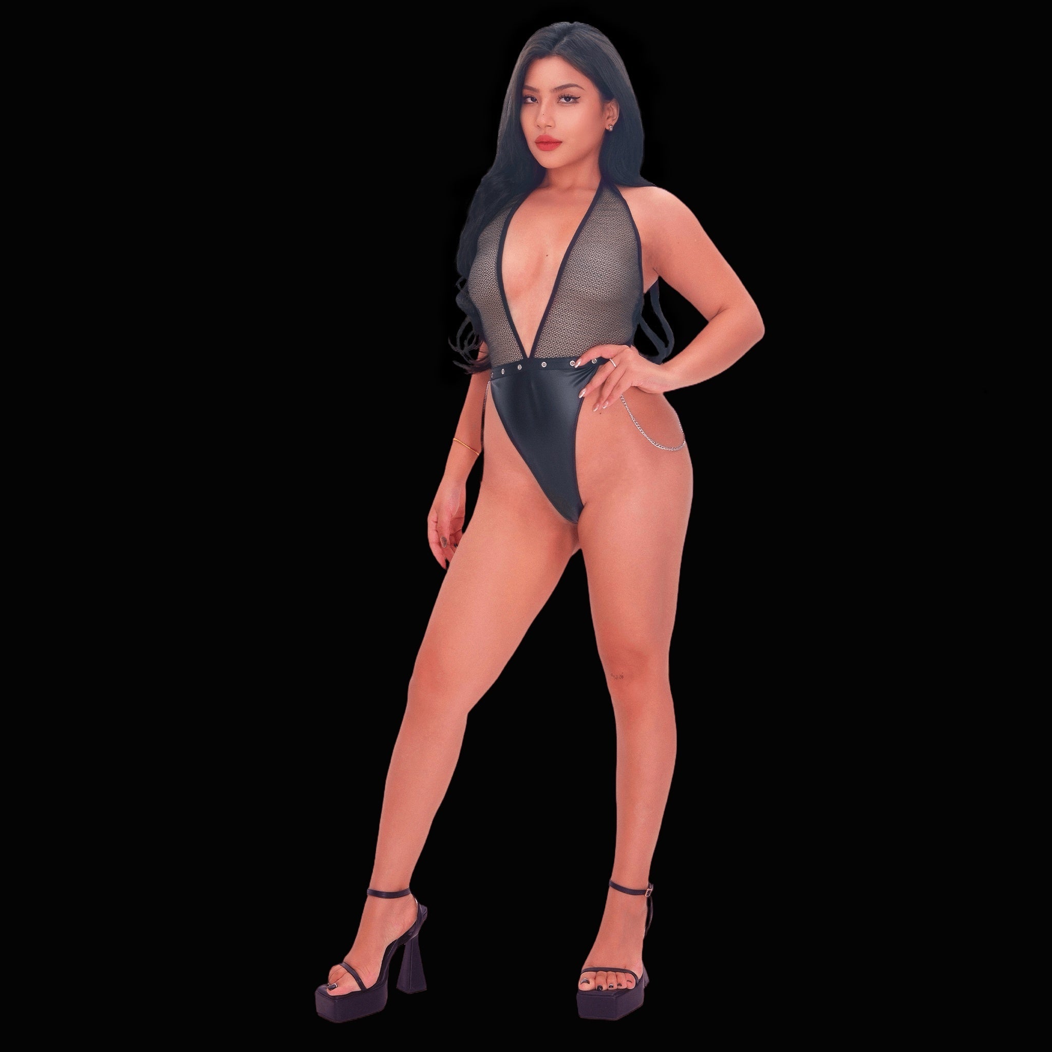 Bold, sexy black see-through bodysuit, featuring sheer mesh details and a provocative silhouette for a daring, modern, and unforgettable lingerie effect.