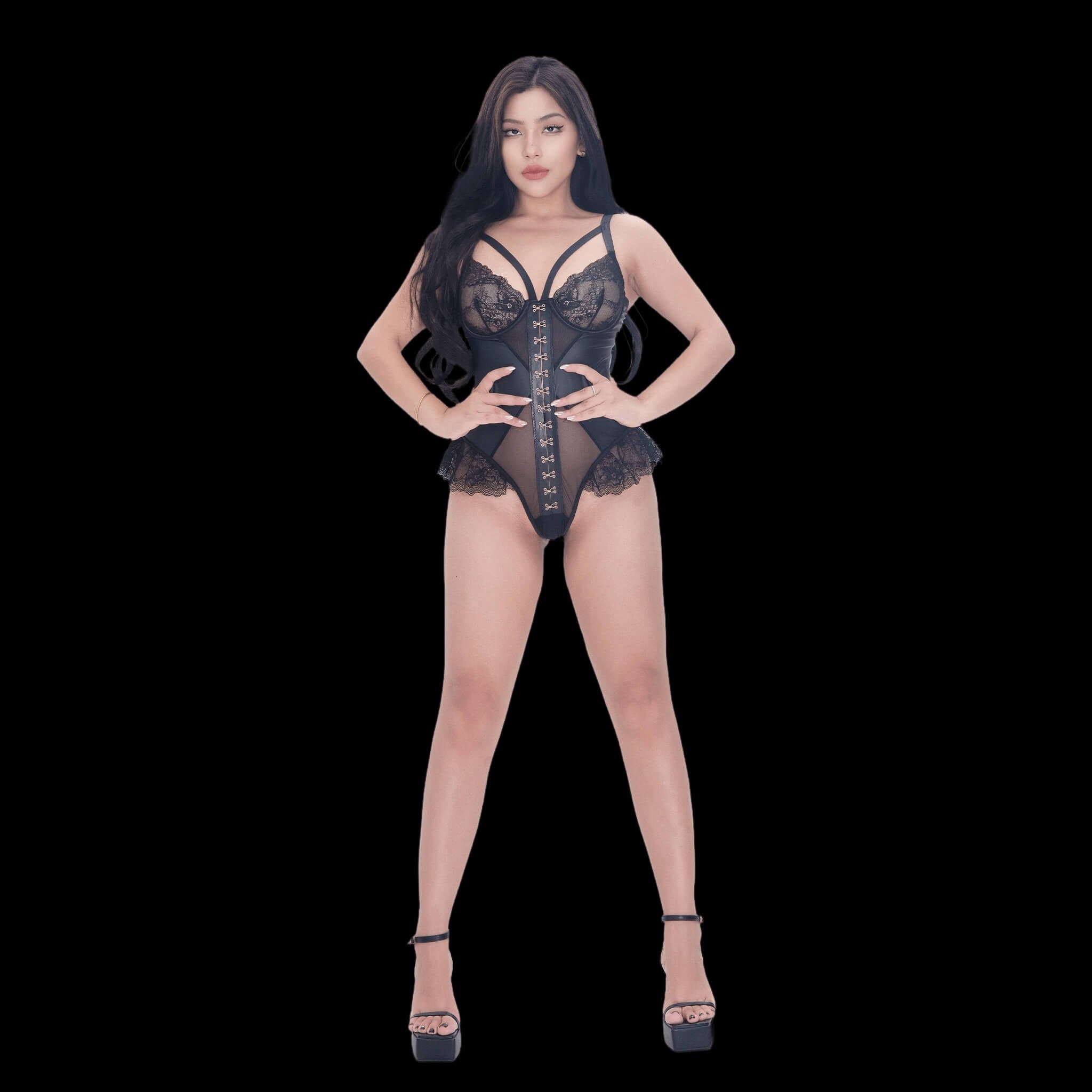 Corset-inspired black lace bodysuit, designed for a sexy, romantic look with intricate lacework, supportive structure, and sultry contours for an irresistible, luxurious lingerie statement.