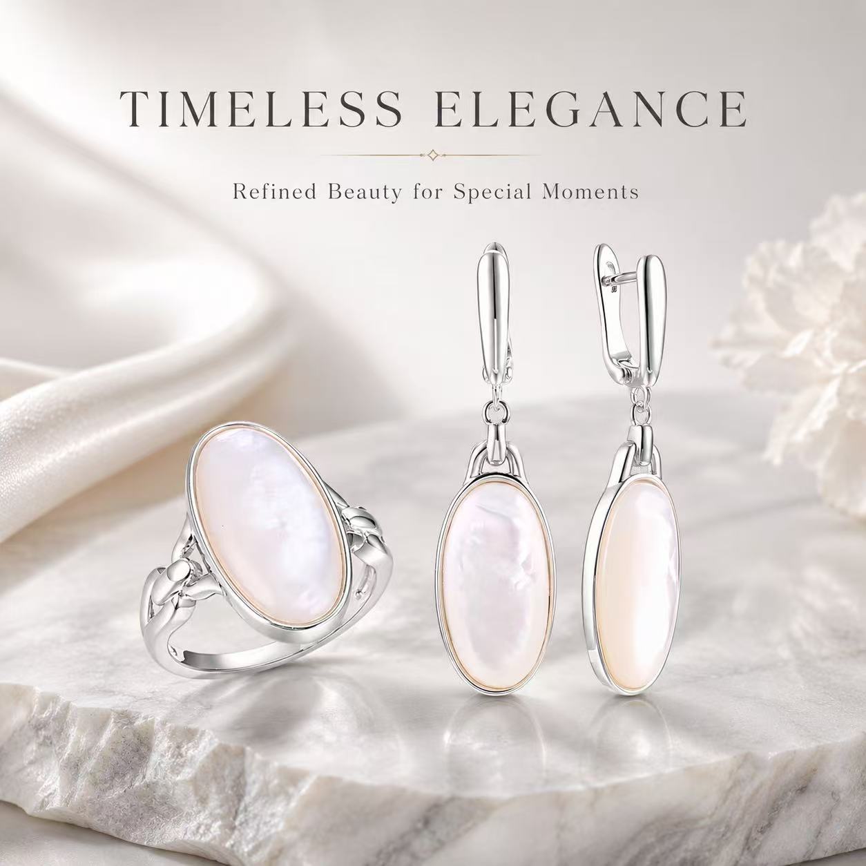 Beggeta Mother of Pearl Jewelry Set for Women, Oval Mother of Pearl Dangle Earrings and Adjustable Ring, Elegant Silver Jewelry Gift Set with Gift Box for Wedding, Anniversary, Birthday, Mother's Day
