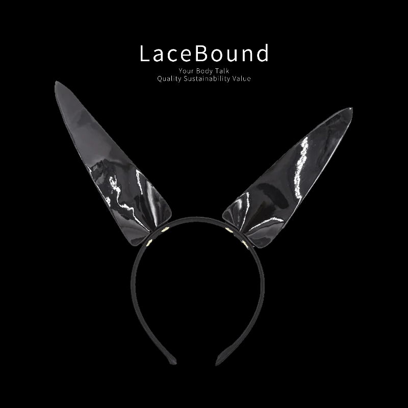 Glossy black bunny ear headband for roleplay costume, featuring sleek faux leather ears and a comfortable adjustable band, perfect for playful cosplay, party, or intimate dress-up.