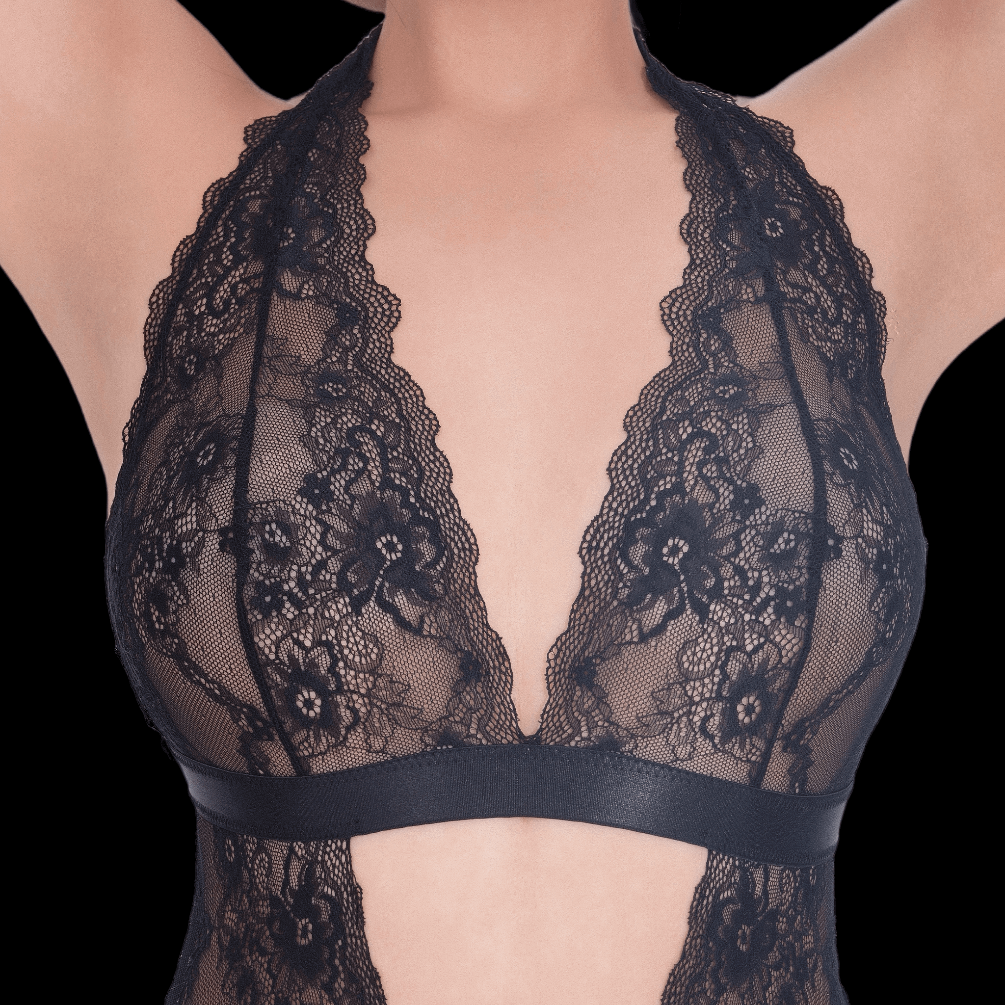 Black Lace Bodysuit with Deep V and Open Back – Sexy and Elegant Lingerie