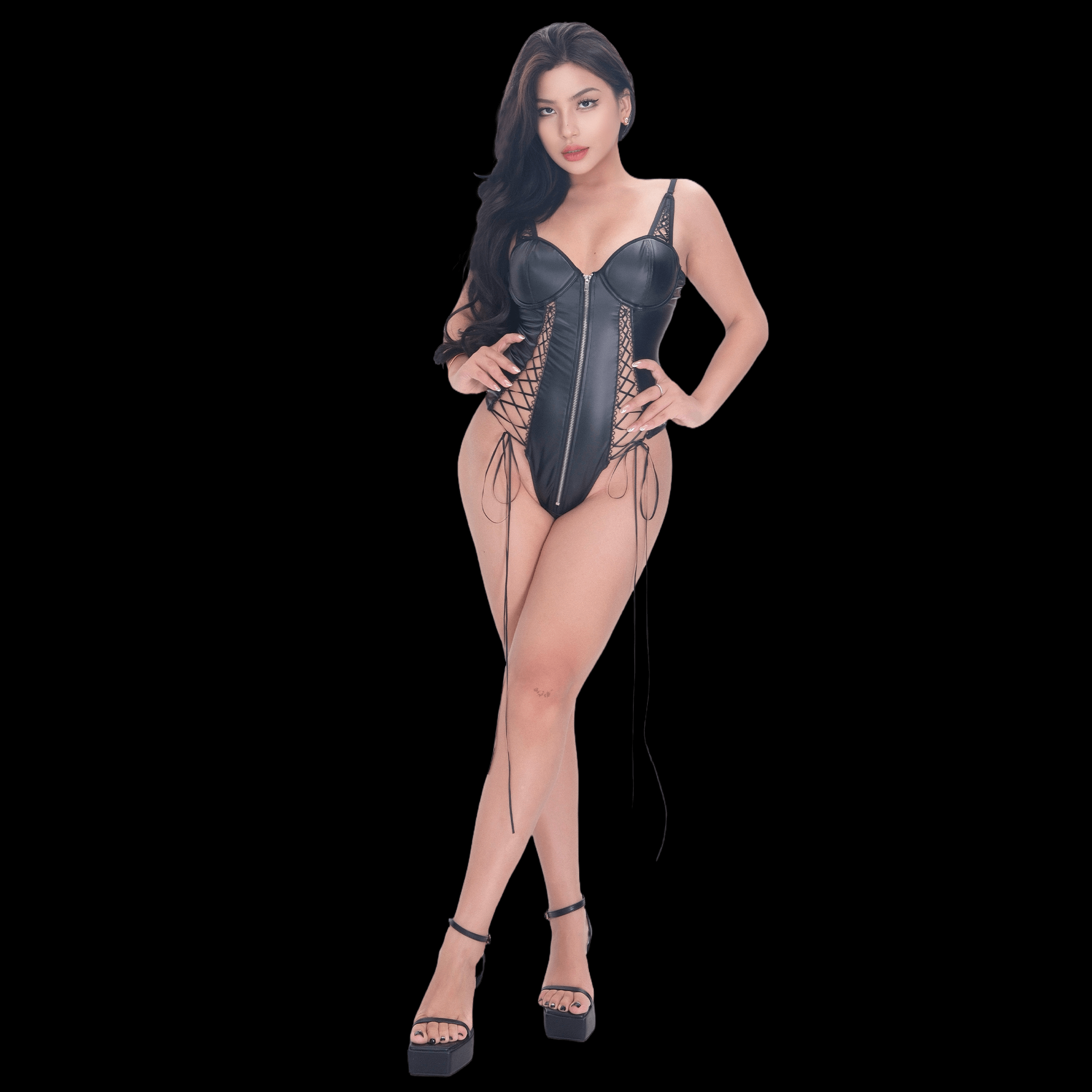 Black Lace-Up Corset Bodysuit with Sexy Bondage Lingerie Style