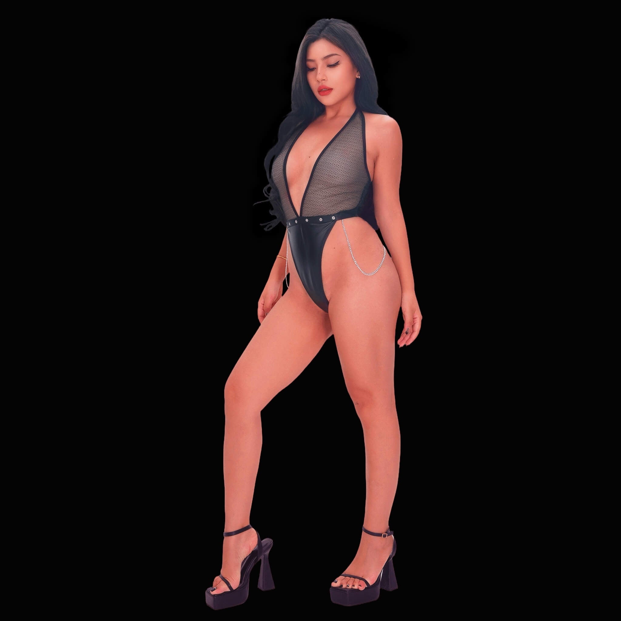 Bold and Sexy Black See-Through Bodysuit with Deep V Neck and Chains