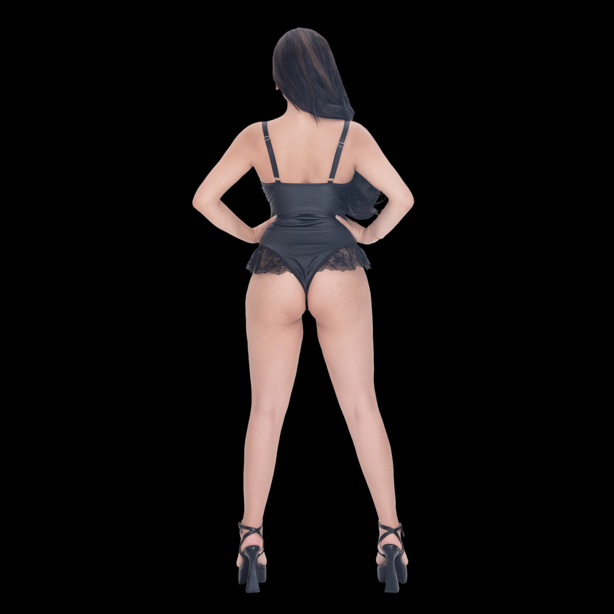 Black Lace Bodysuit with Corset-Inspired Design and see through Details