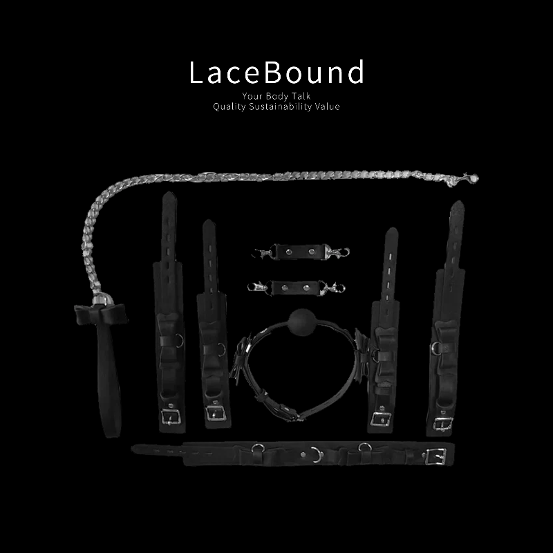 Leather bondage kit with restraints, ball gag, and neck strap, crafted from premium leather and durable hardware for secure, versatile, and intense fetish play experiences.