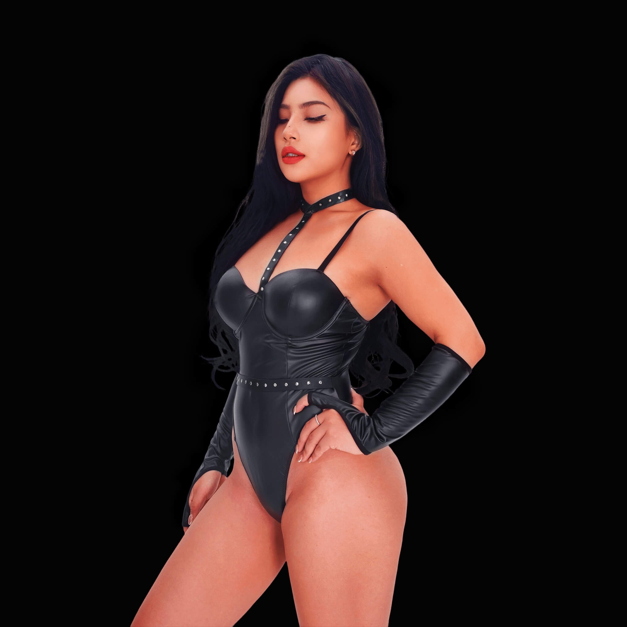 Black leather corset bodysuit with sleeves, designed with a form-fitting corset structure and statement sleeves for a bold, stylish, and unforgettable look.