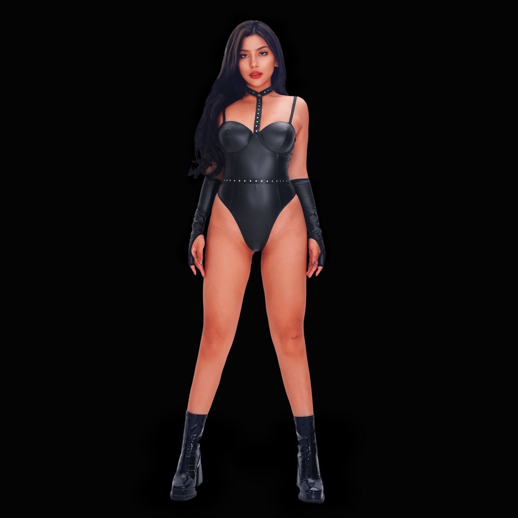 Black leather corset bodysuit with sleeves, featuring a dramatic corset silhouette and fashion-forward statement sleeves for a fierce, sophisticated, and confident lingerie presence.