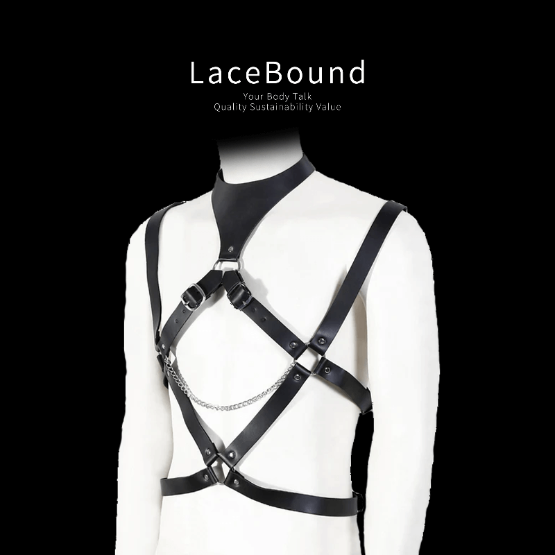 Male bondage belt harness designed for restraint play, featuring adjustable straps, sturdy leather construction, and secure buckles for a bold, functional, and fetish-inspired look.