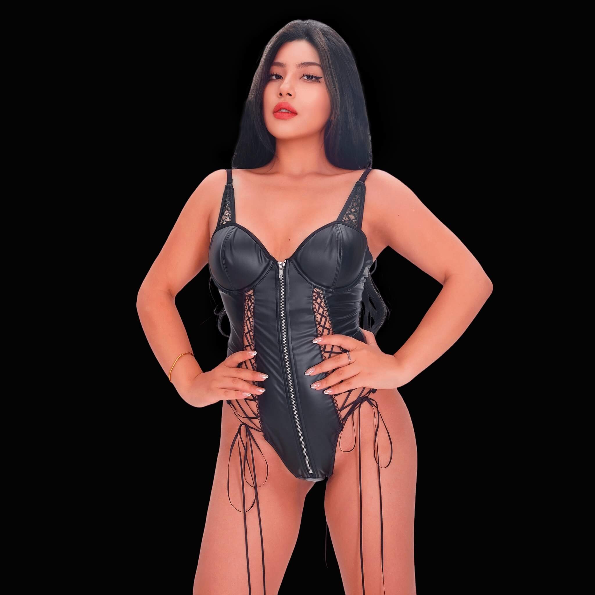 Sexy black corset bodysuit in bondage lingerie style, featuring striking strap composition and accentuated curves for a powerful, seductive, and stylish effect.