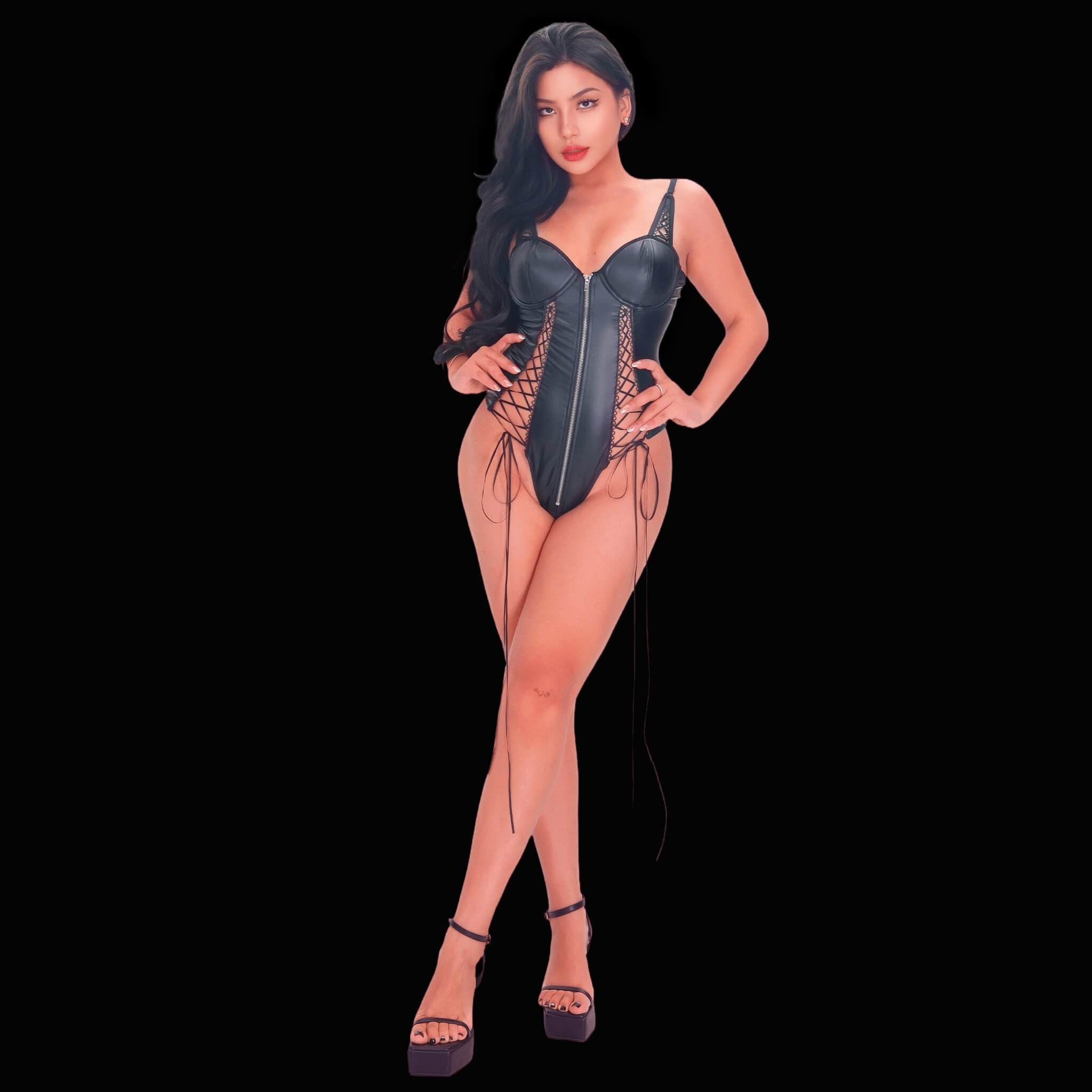 Sexy black corset bodysuit in bondage lingerie style, styled with bold strap features and sculpted corset lines for a daring, seductive, and show-stopping appearance.