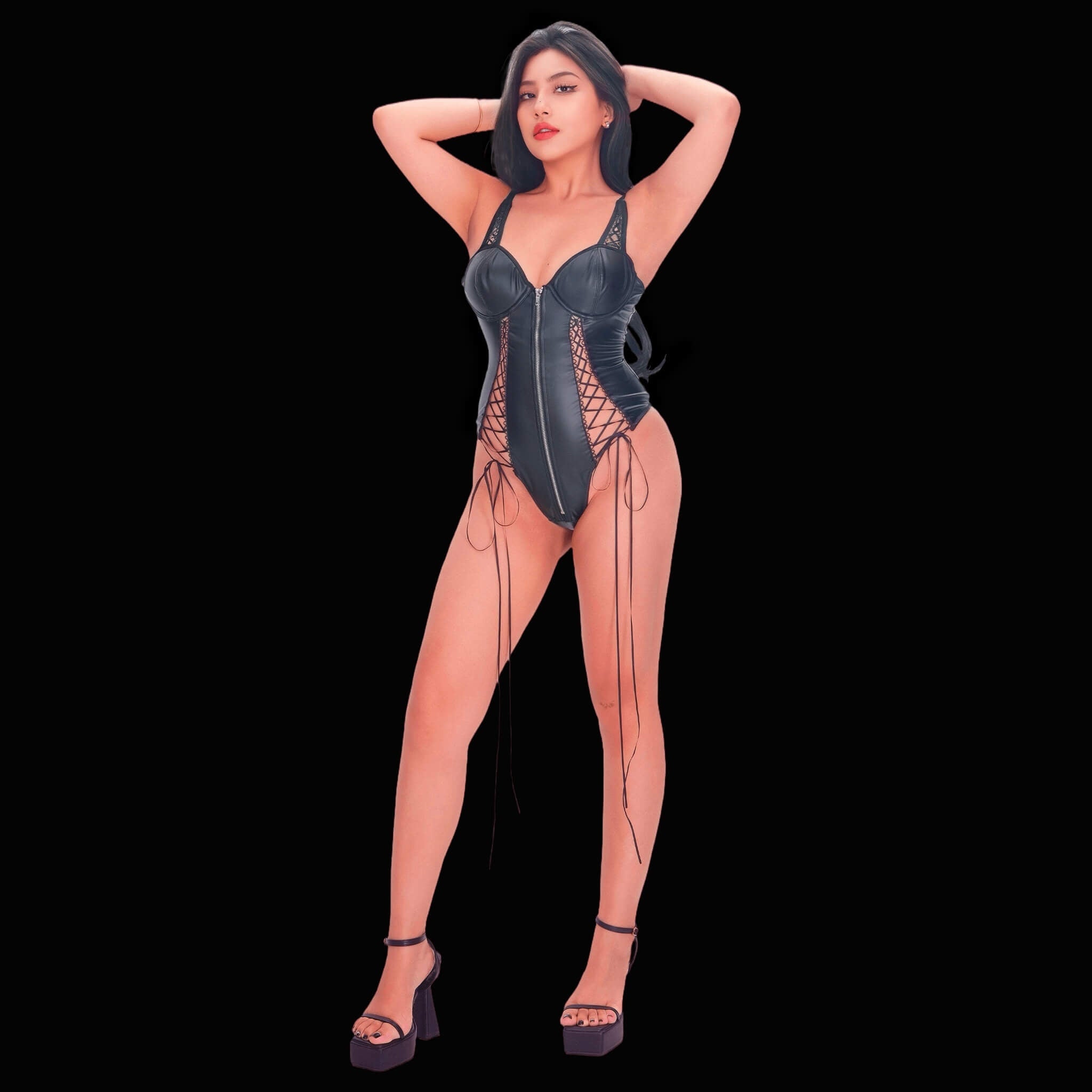 Sexy black corset bodysuit in bondage lingerie style, featuring dramatic straps and bold detailing for a sultry, empowering, and visually striking appearance.