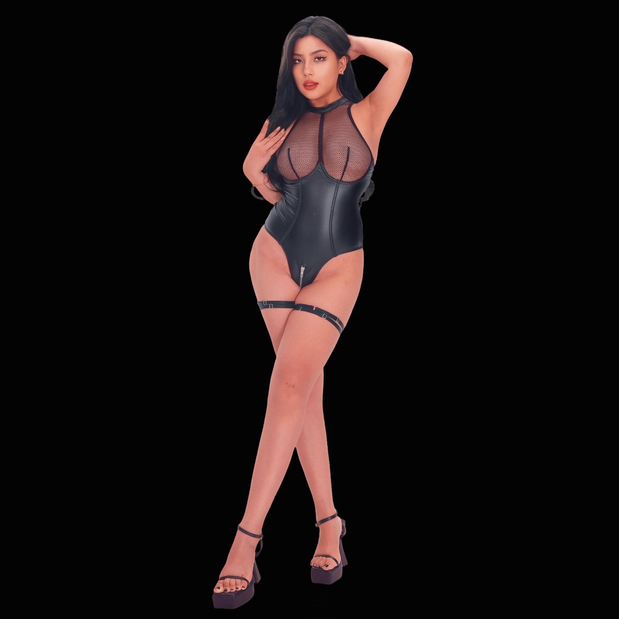 Sexy black leather corset bodysuit featuring sheer see-through mesh and bold cutout accents, creating a sultry and modern lingerie look that highlights the figure.