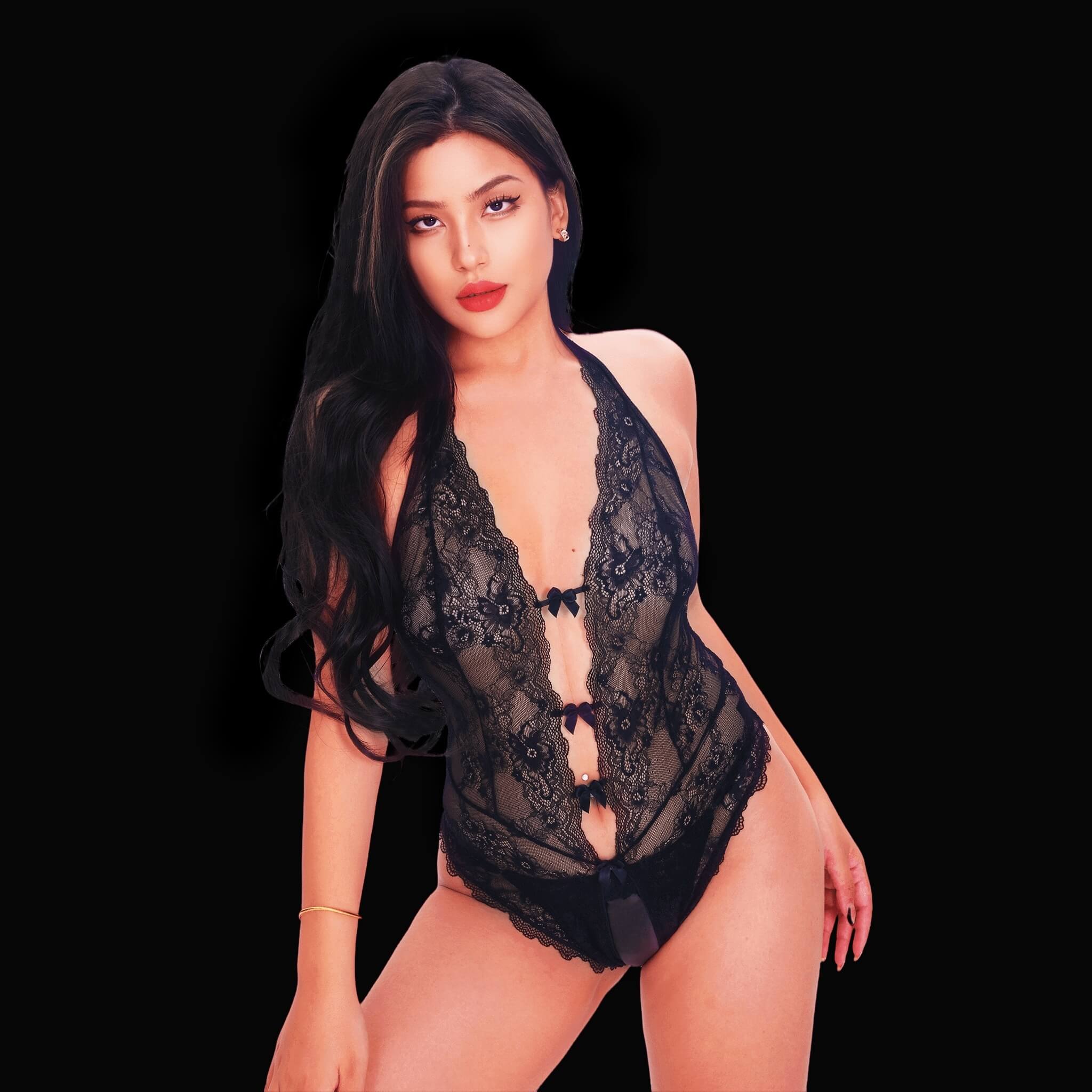 Sexy black lace crotchless bodysuit with sheer mesh details, plunging neckline, adjustable straps, and open crotch design, creating an irresistibly seductive look.