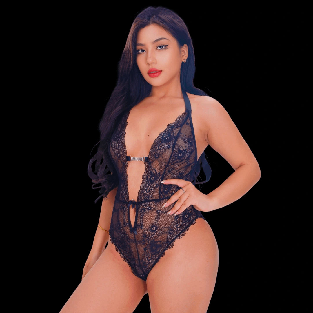 Sexy black lace bodysuit with a deep V neckline and elegant sheer lace, designed for a captivating, feminine, and sophisticated lingerie look.