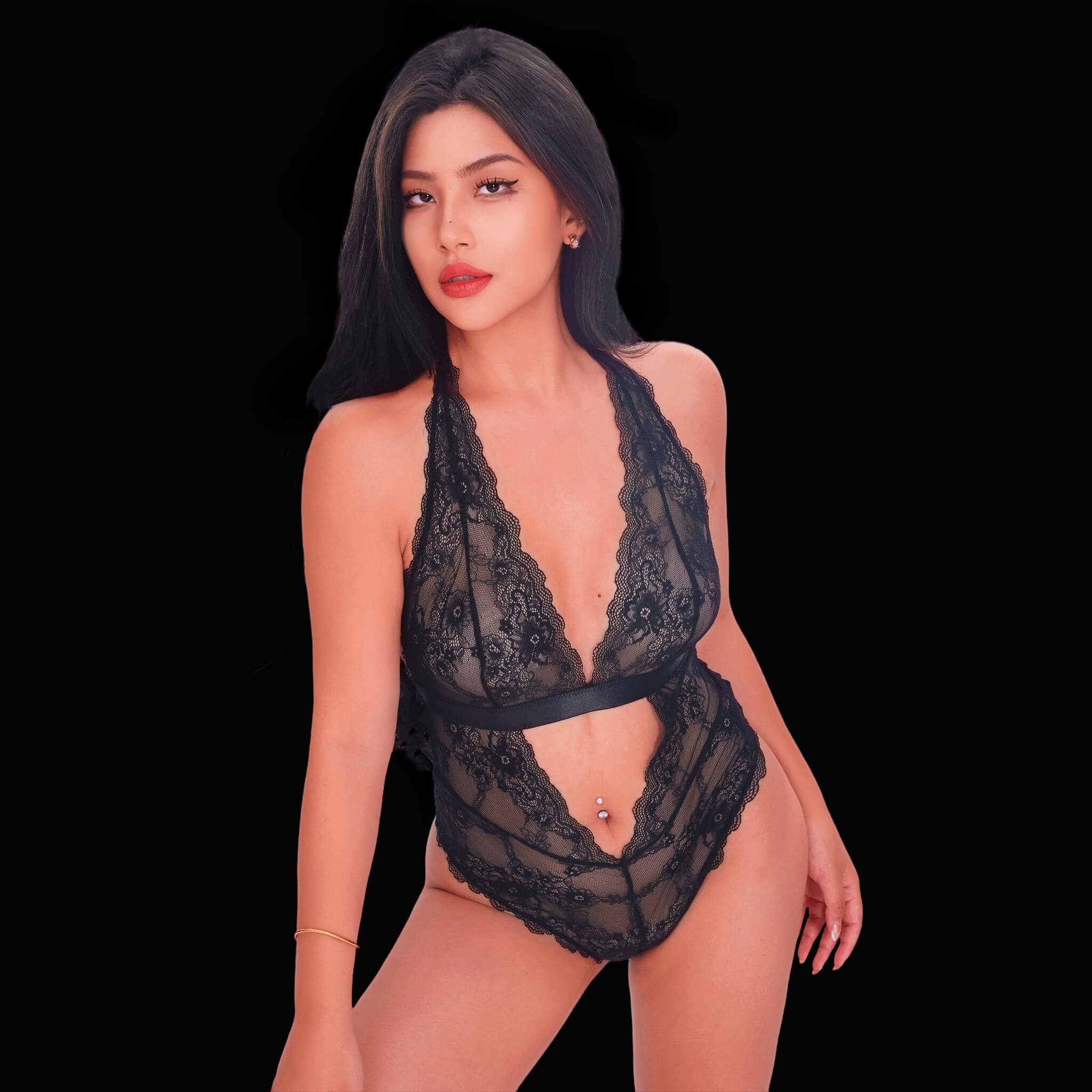 Sexy black lace bodysuit featuring a deep V neckline and open back, designed for an elegant, alluring, and striking lingerie appearance.