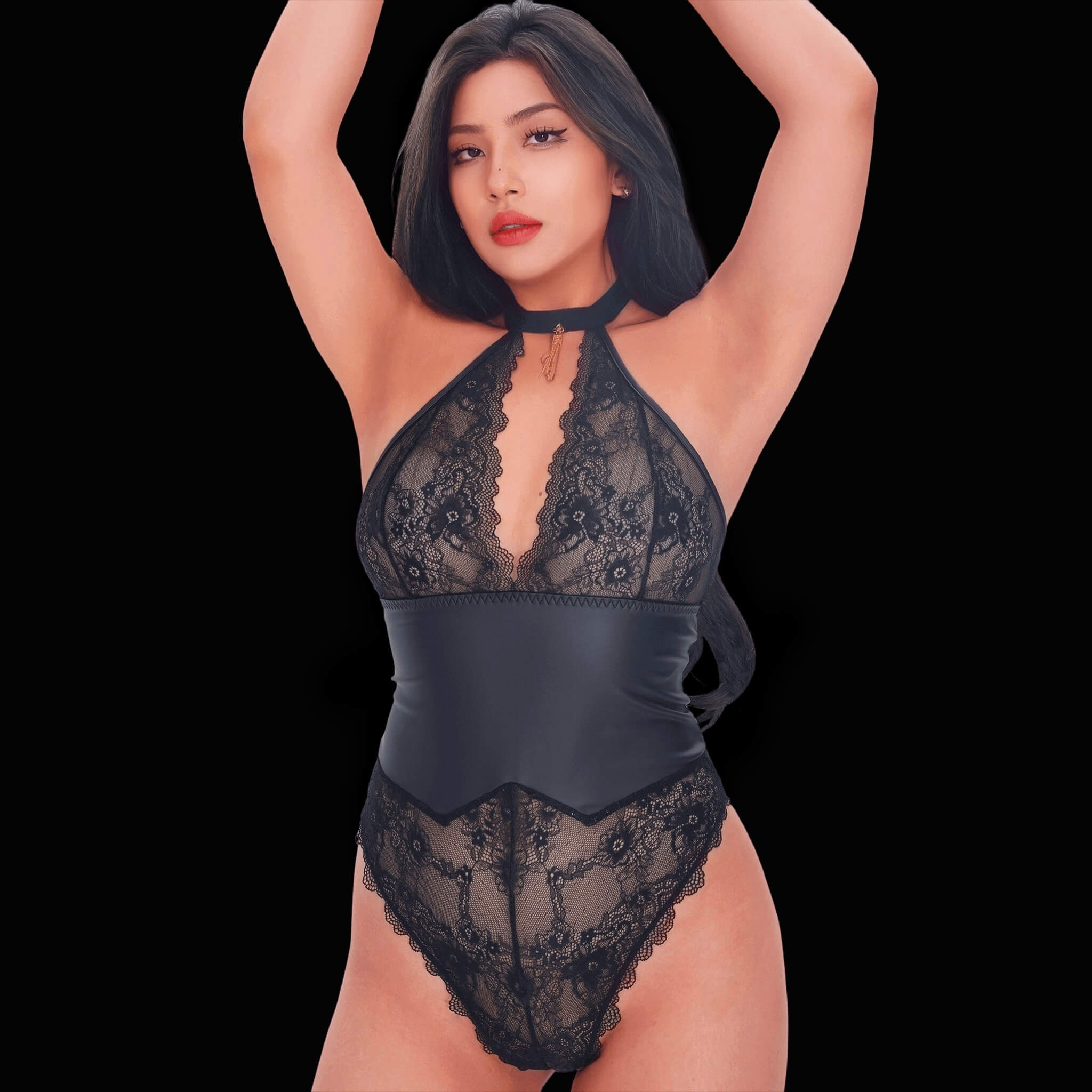 Sexy black lace bodysuit with a leather waist detail, featuring intricate lace and sleek leather elements for a dramatic, sophisticated, and alluring style.