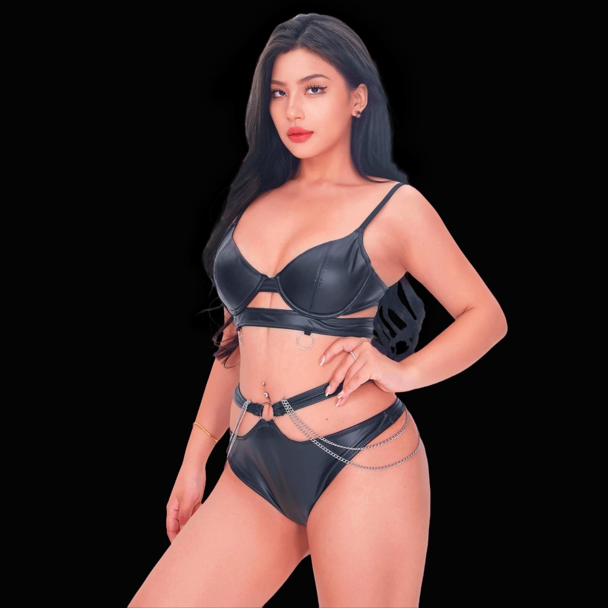 Sexy black leather corset with chain bondage style, featuring prominent chain embellishments and sleek harness elements for a fierce, sensational, and rebellious lingerie look.