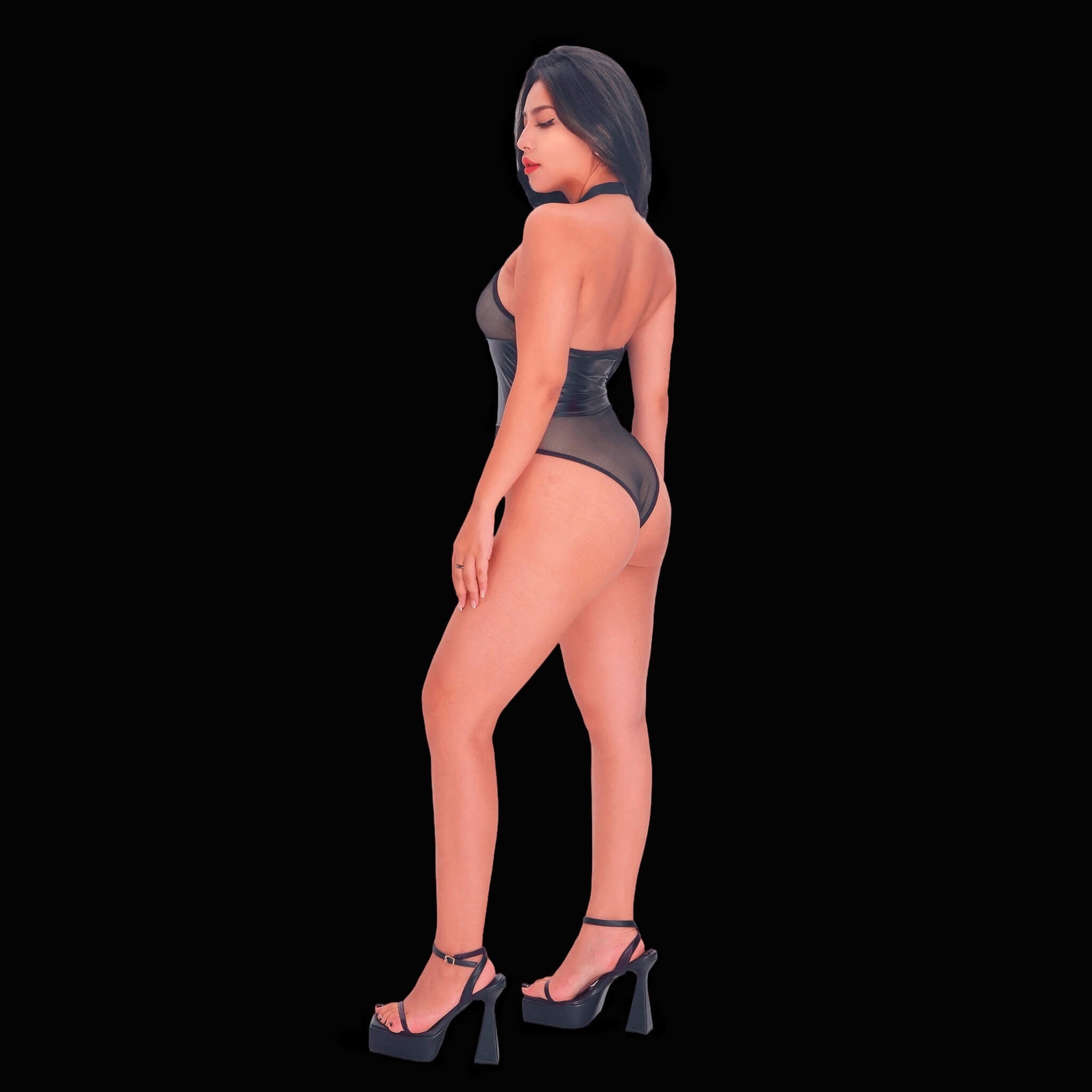 Transparent mesh leather corset bodysuit, featuring sheer mesh fabric and sleek faux leather accents in a figure-hugging corset silhouette for a daring, modern, and sexy look.