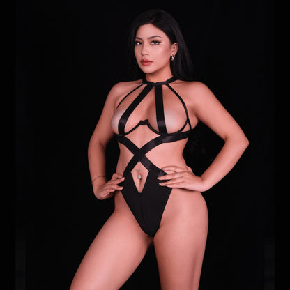 Sexy Black Strappy Lingerie with Open Chest and Geometric Strap Design
