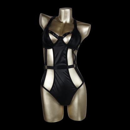 Sexy Black Strappy Bodysuit with Corset-Inspired Design