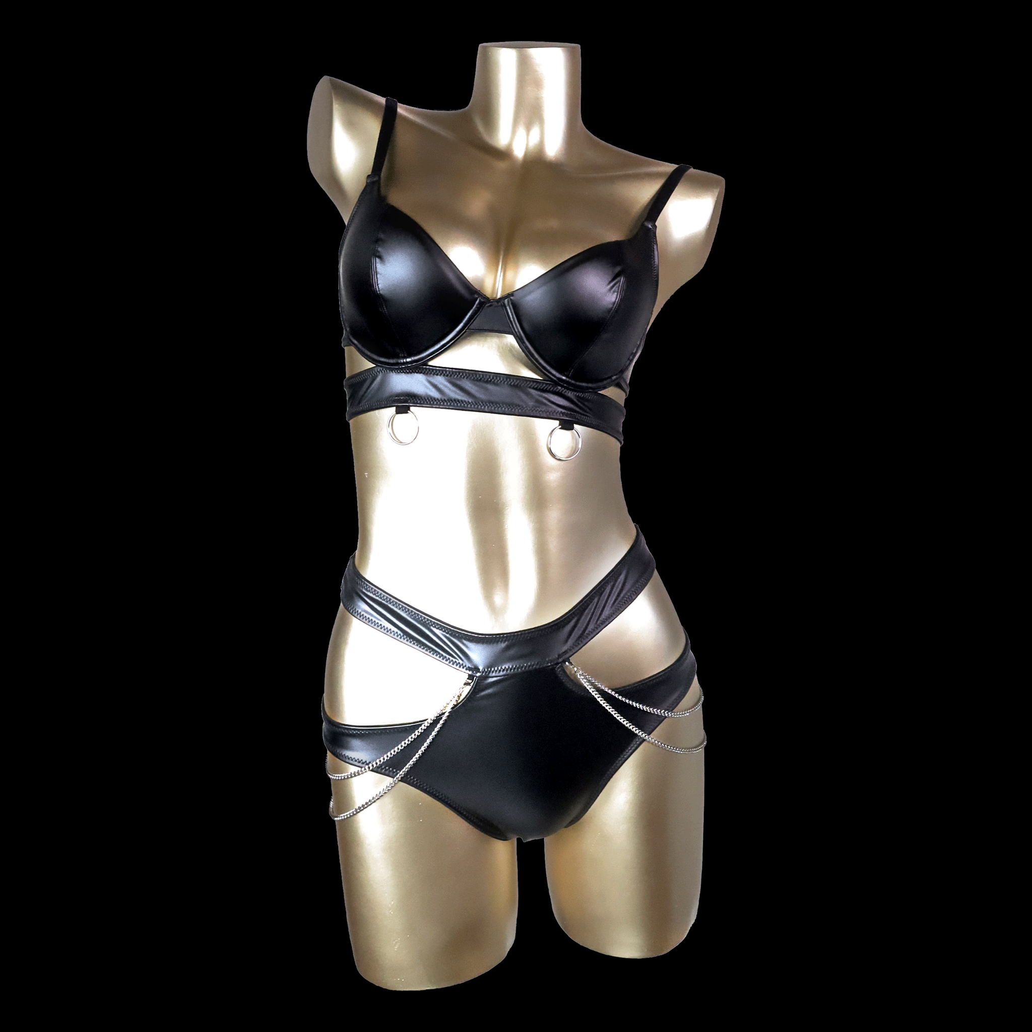 Black Leather Corset Set with Strappy Details and Chain Accents