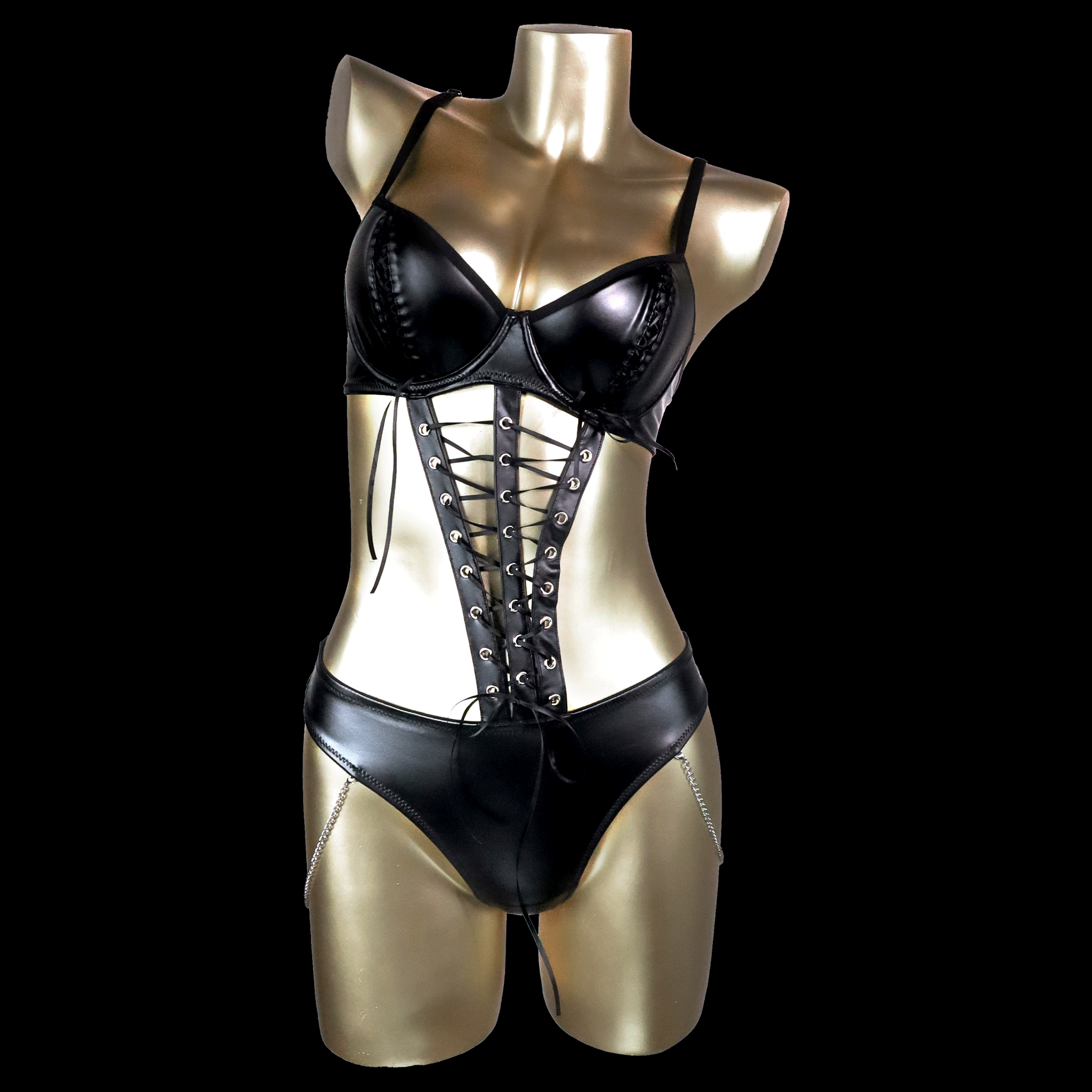 Sexy Black Leather Bodysuit with Bold Bondage Chain Accents