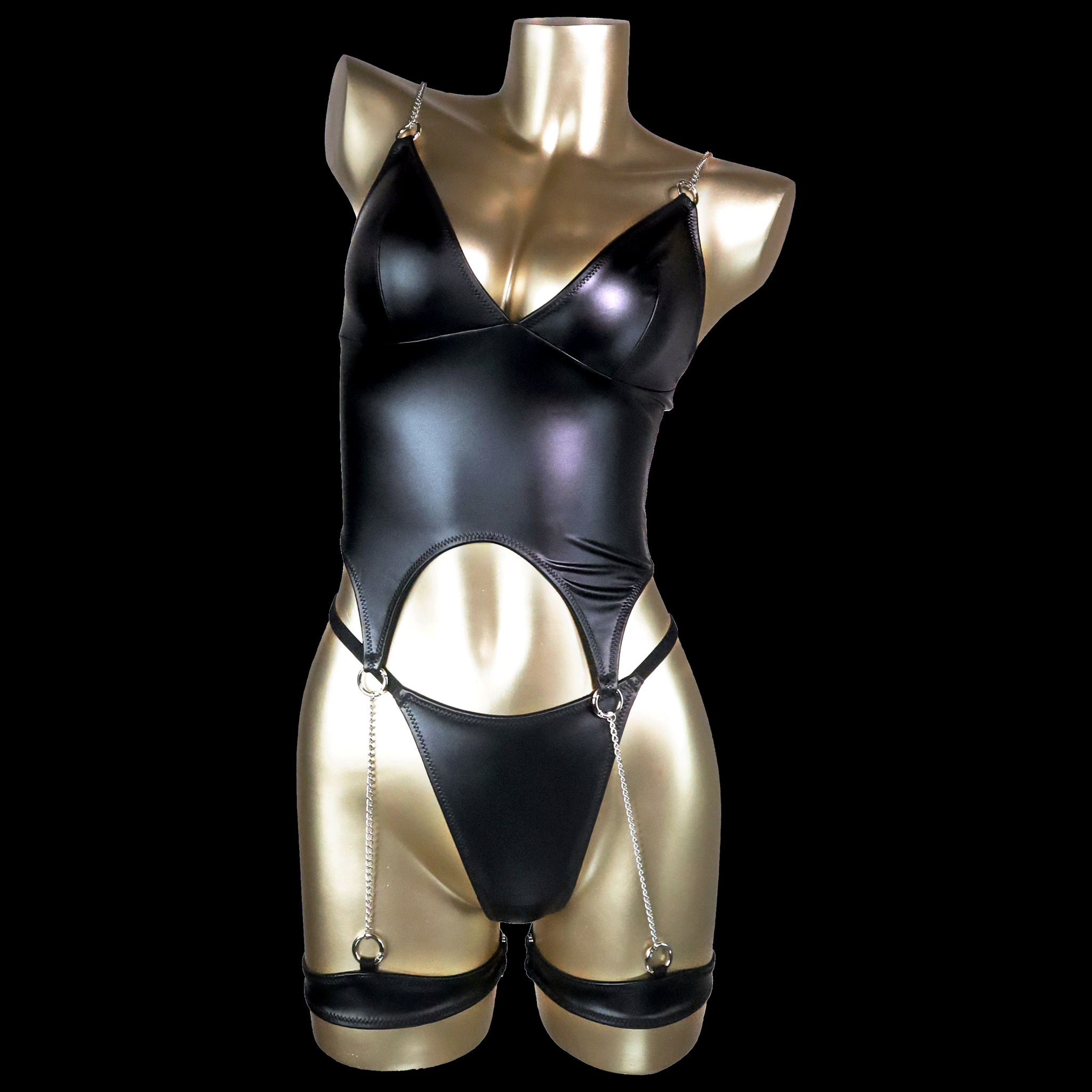 BDSM Sexy Black Bodysuit with Leather Design and Bondage-Inspired